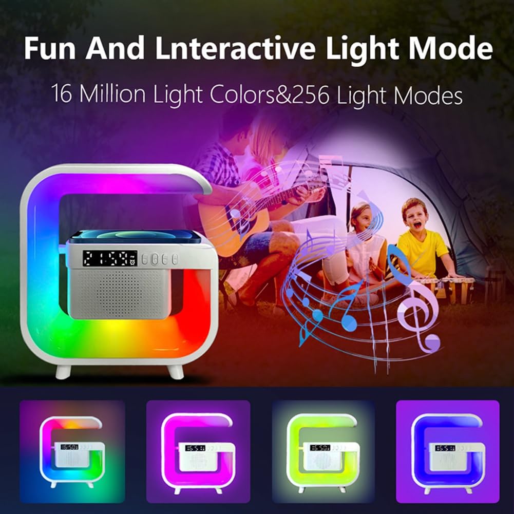 iFutniew Wireless Charger Stand with Bluetooth 5.0 Speaker, FM Radio, TF Card Slot, RGB Night Light - Fast Charging Station for iPhone & Android Smartphones - Perfect for Bedroom, Office & Travel
