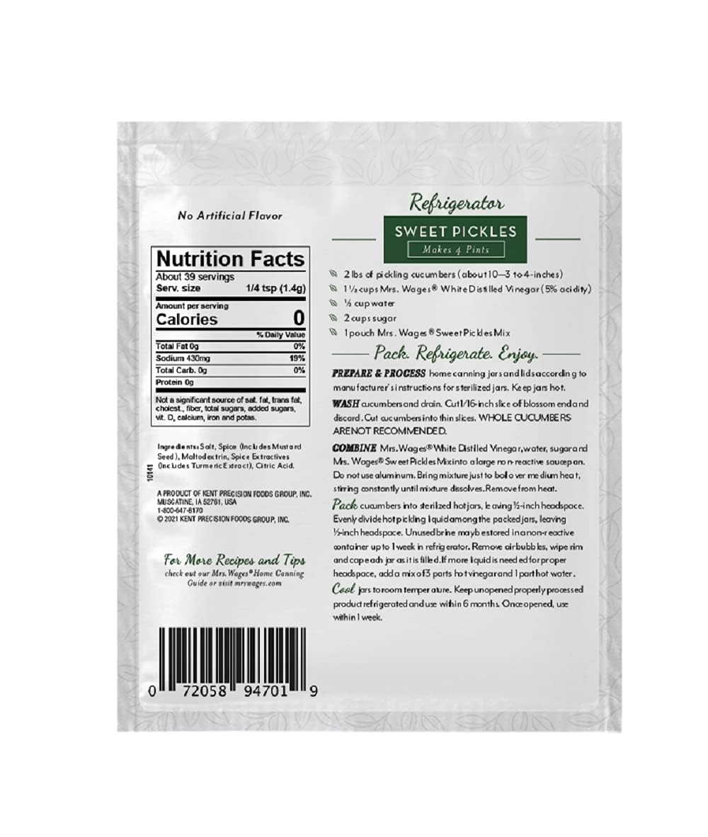 Mrs. Wages Sweet Refrigerator Pickle Seasoning Mix - 2 Pack (1.94oz Each) | Homemade Pickles & Quick Pickling | Perfect for Cucumbers, Carrots & Vegetables