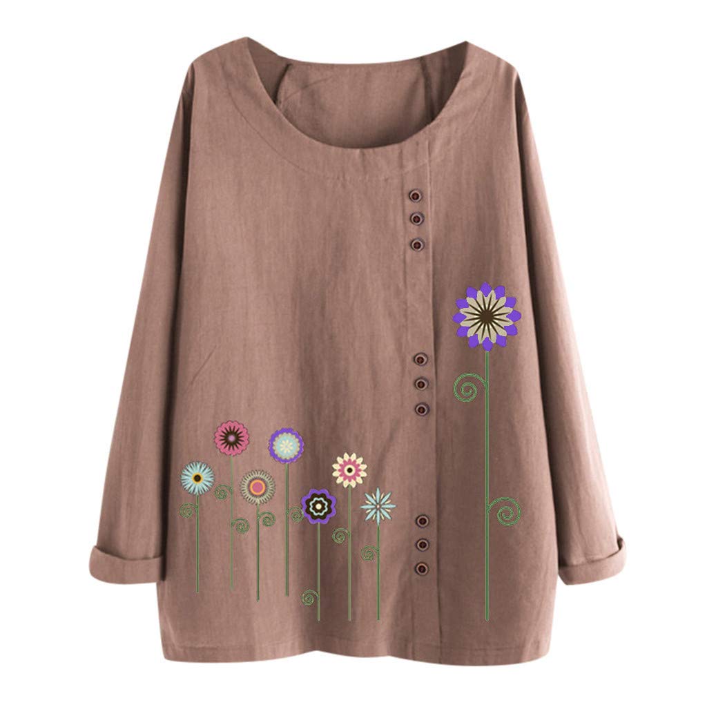 HUANKD Women's Long Sleeve Casual Blouse - Plus Size Button Down Shirt with Floral Print, Loose Fit O-Neck Tops for Work, Dating & Everyday Wear