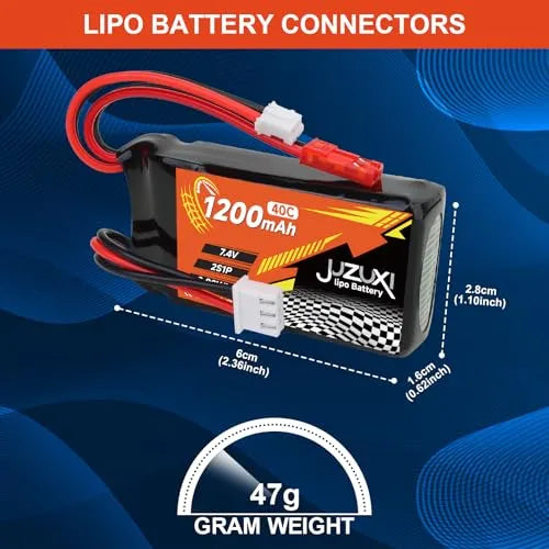 2Pcs 7.4V 1200mAh 2S 40C Lipo Rechargeable Battery with XH/JST/PH2.0 Connectors & Charger - Compatible with FPV Racing Drones, RC Cars, Boats, Quadcopters, Airplanes - Perfect for High-Speed Racing and Long Flight Time