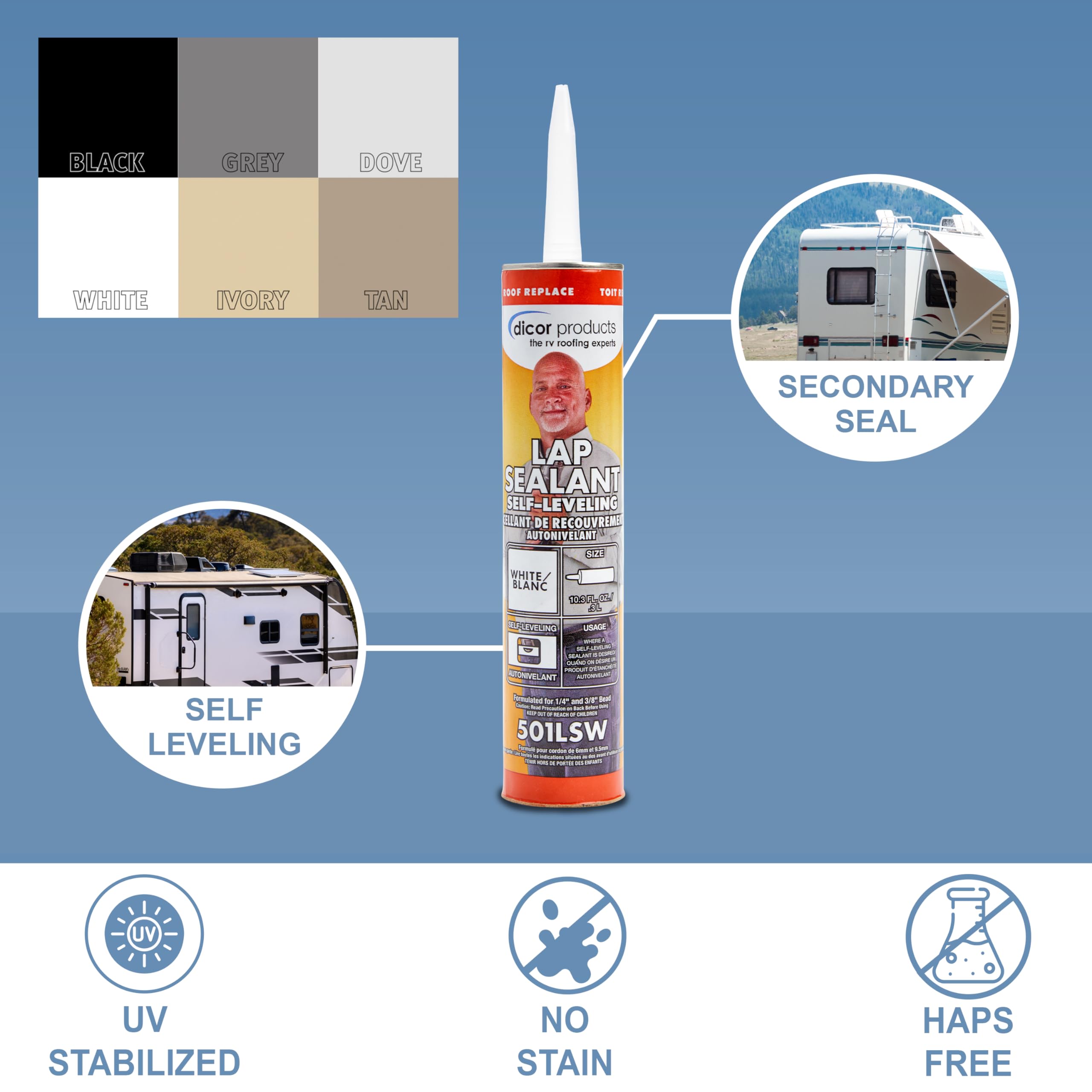 Dicor 501LSW-1 HAPS-Free Self-Leveling Lap Sealant - 10.3 Oz White RV Roof Sealant for Horizontal Surfaces | Waterproof, Durable, UV Resistant | Perfect for RV Roof Repair, Maintenance & Appliance Sealing | Ideal for Camping, Travel Trailers & Mobile Homes