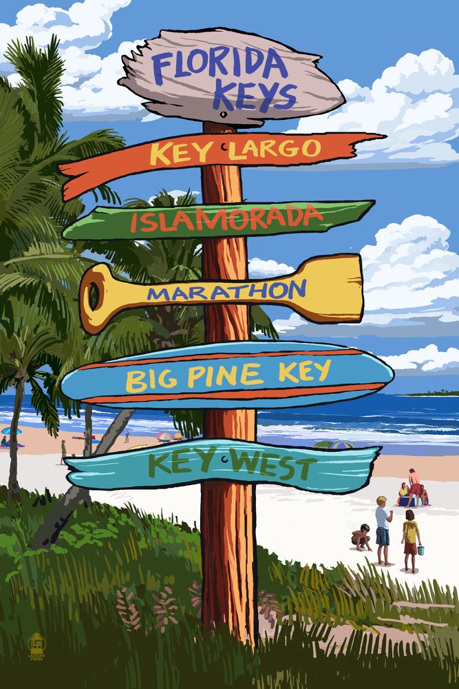 Lantern Press Florida Keys Destinations Sign - 12x18 Inch Wall Art Poster for Home & Office Decor - Perfect for Beach House, Living Room, Bedroom, or Gift