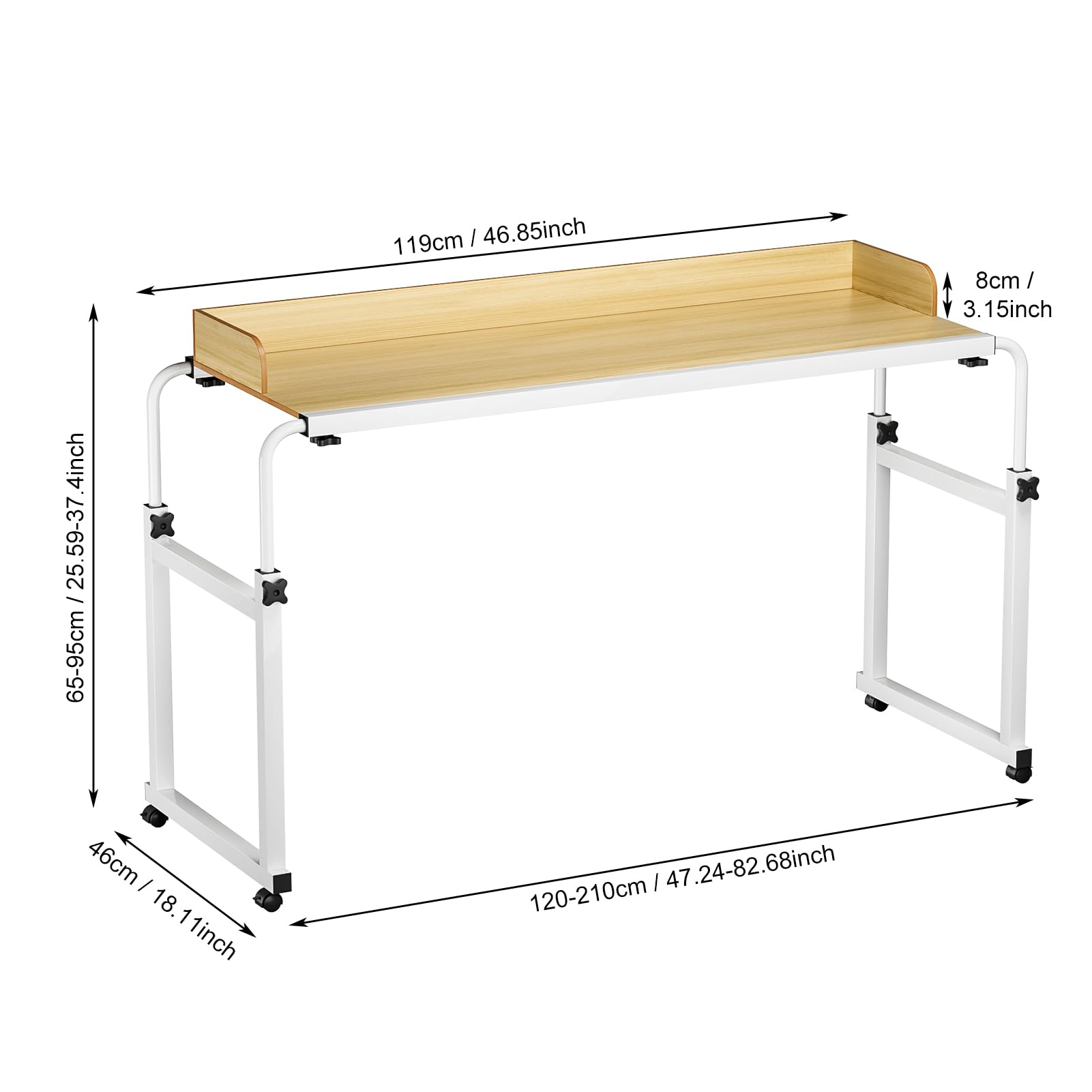 Adjustable Over Bed Table with Wheels - Rolling Laptop Cart & Standing Workstation for Home Office, Hospital & Living Room - Mobile Tray Table with Metal Legs (Wooden Finish) - Perfect for Bedridden Patients, Remote Work & Meal in Bed