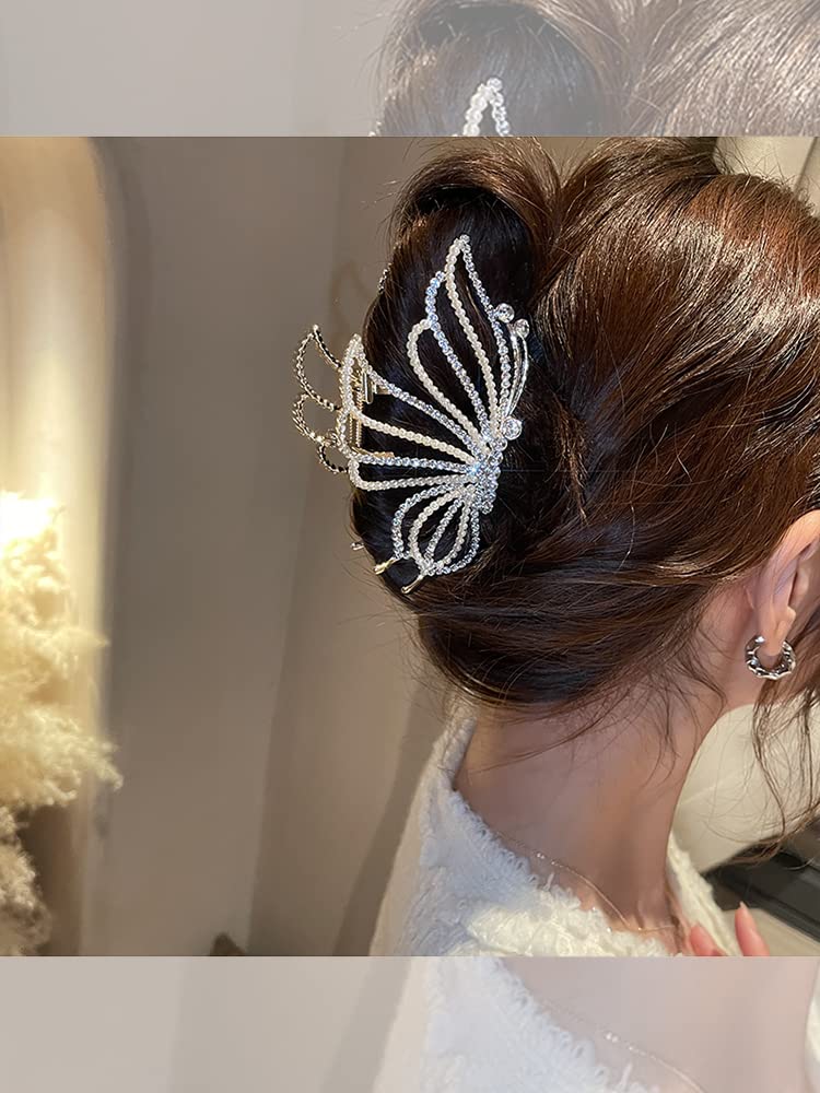 EPARTY - Large Butterfly Hair Clips for Women, Gold Metal Non-Slip Rhinestone Jaw Clips for Thick & Thin Hair - Perfect for Parties, Weddings & Everyday Styling