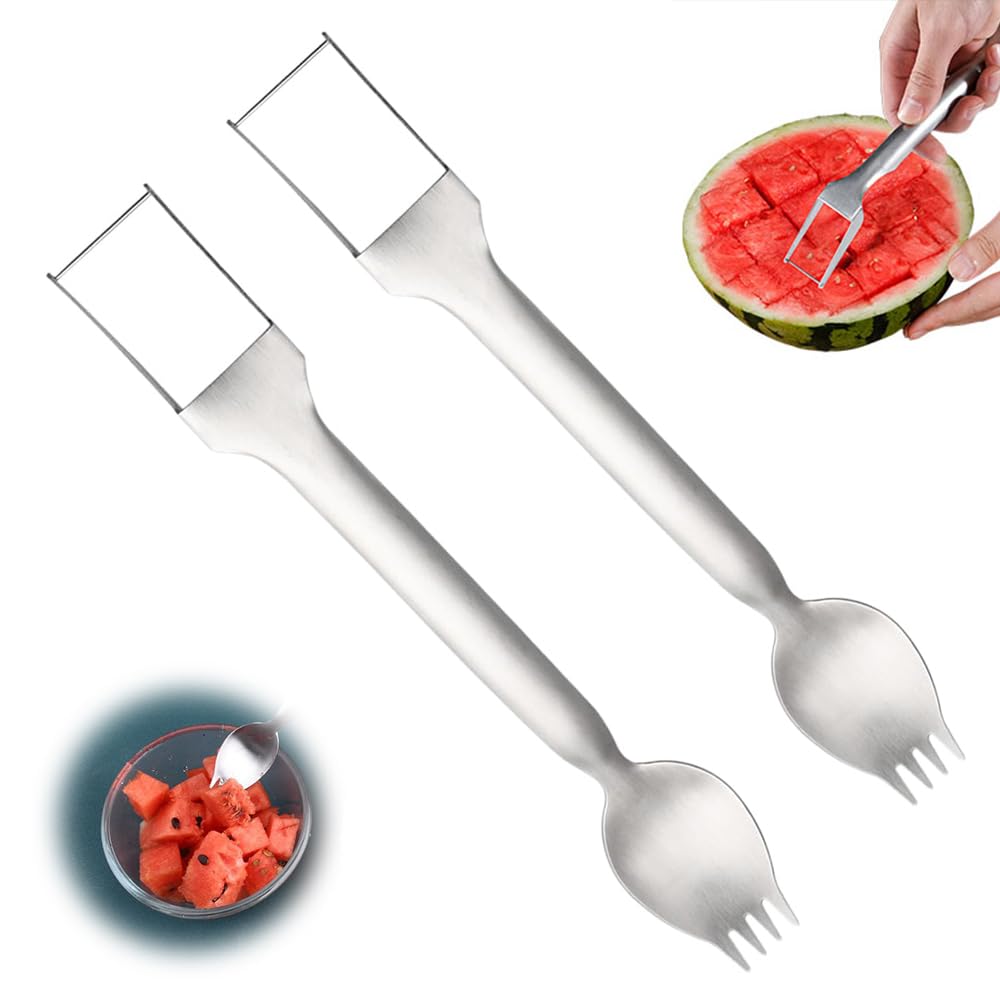 2-in-1 Stainless Steel Fruit Cutter & Slicer - Dual Head Watermelon Fork & Knife Set (2 PCS) - 2024 Upgraded Kitchen Tool for Easy Fruit Cutting - Perfect for Picnics, BBQs, and Family Gatherings