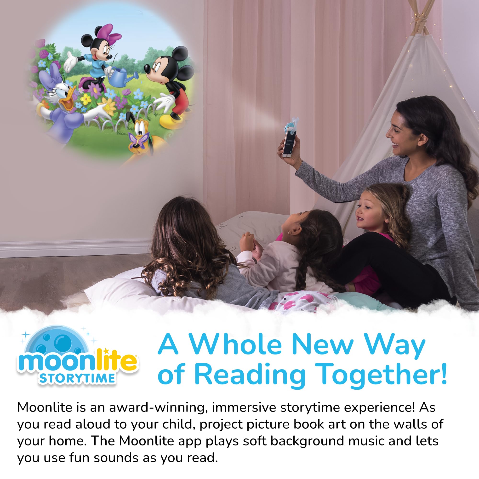 Moonlite Storytime Mini Projector for Kids - 10 Classic Bedtime Storybooks with Fun Sound Effects | Interactive Learning Gift for Toddlers Ages 1+ | Perfect for Nursery Storytime, Family Bonding & Educational Play