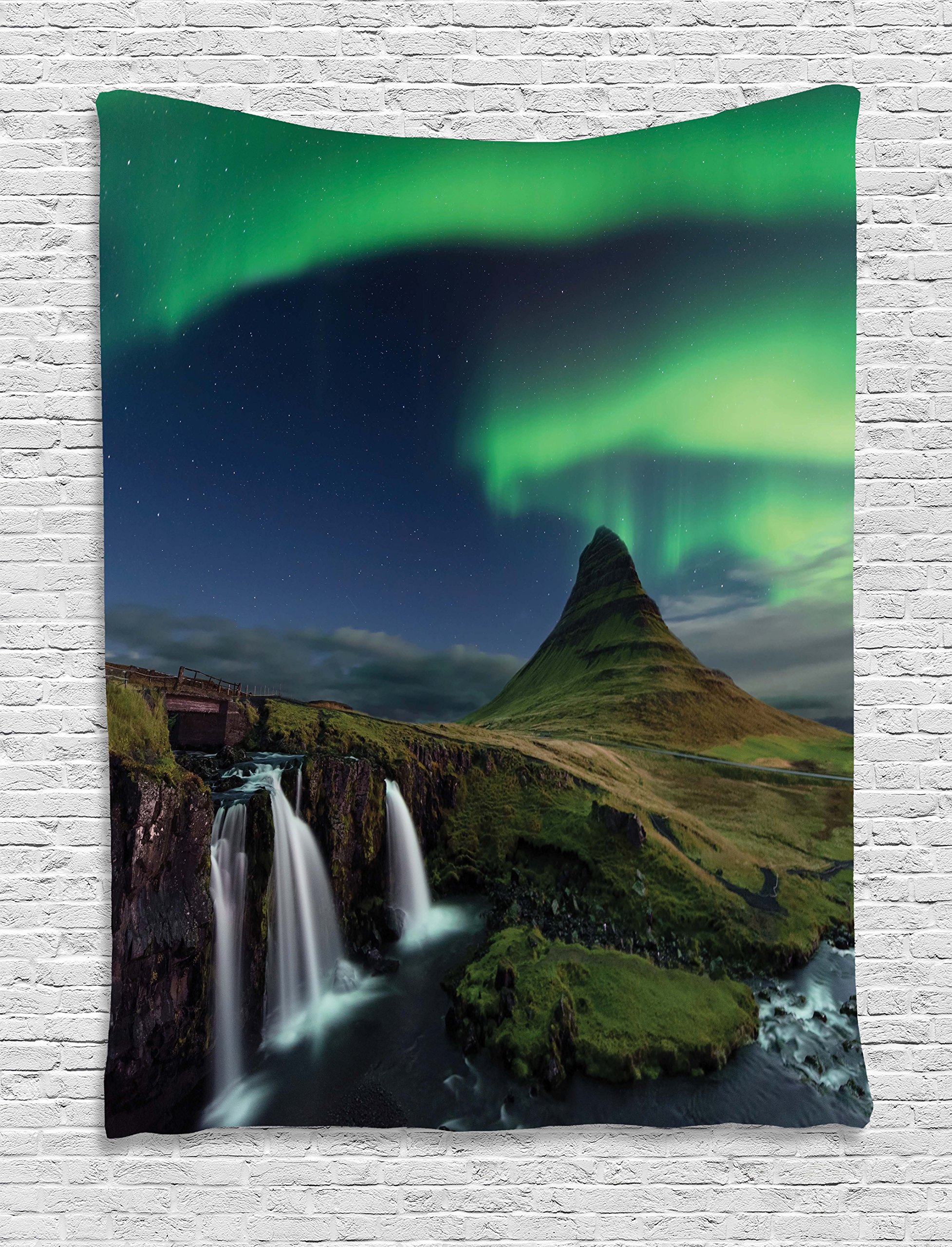 Ambesonne Aurora Borealis Tapestry - Waterfall Kirkjufellsfoss Iceland Mountain Scenery Wall Art Decor for Bedroom, Living Room, Dorm - 60x80 Inches Multicolor Nordic Landscape - Perfect for Boho Home Decor, Meditation Space & Cozy Atmosphere Creation
