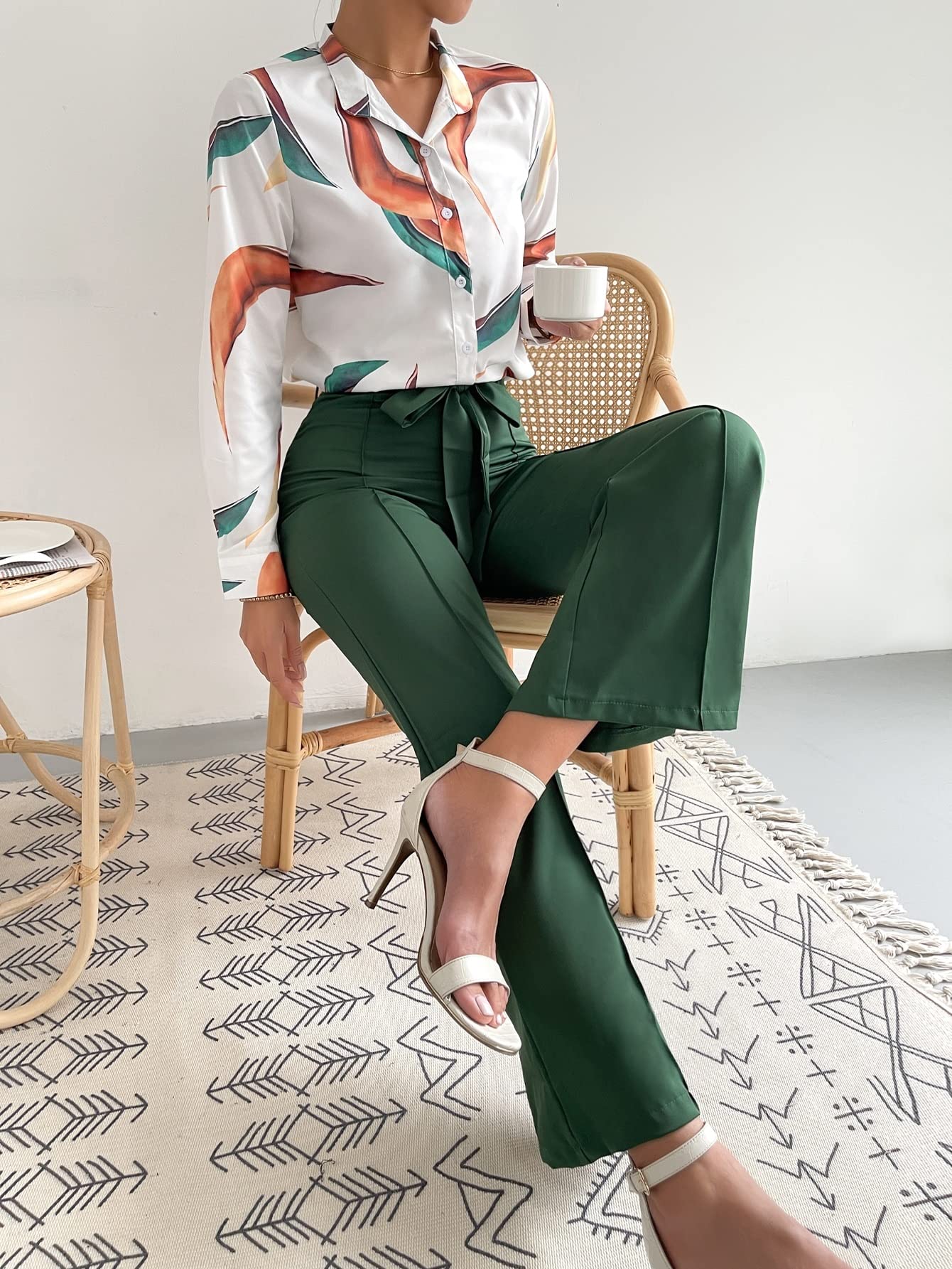 XENIS Women's Casual 2-Piece Outfit Set - Printed Button-Up Blouse & Solid Belted Pants | Stylish Lounge Wear for Work, Travel & Everyday Comfort