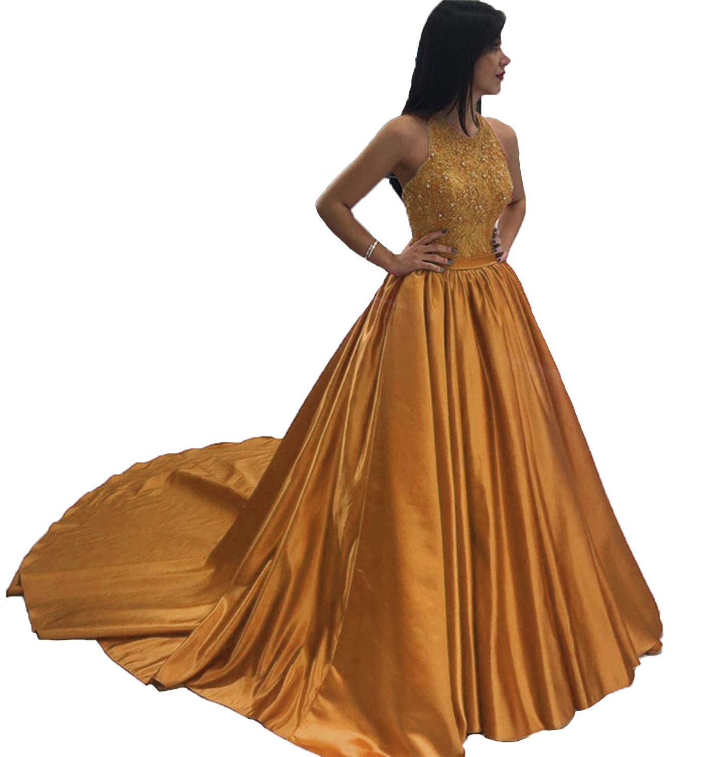 Elegant Women's Halter Beaded Applique Prom Dress - Long Ball Gown for Evening Formal Events, Parties & Special Occasions