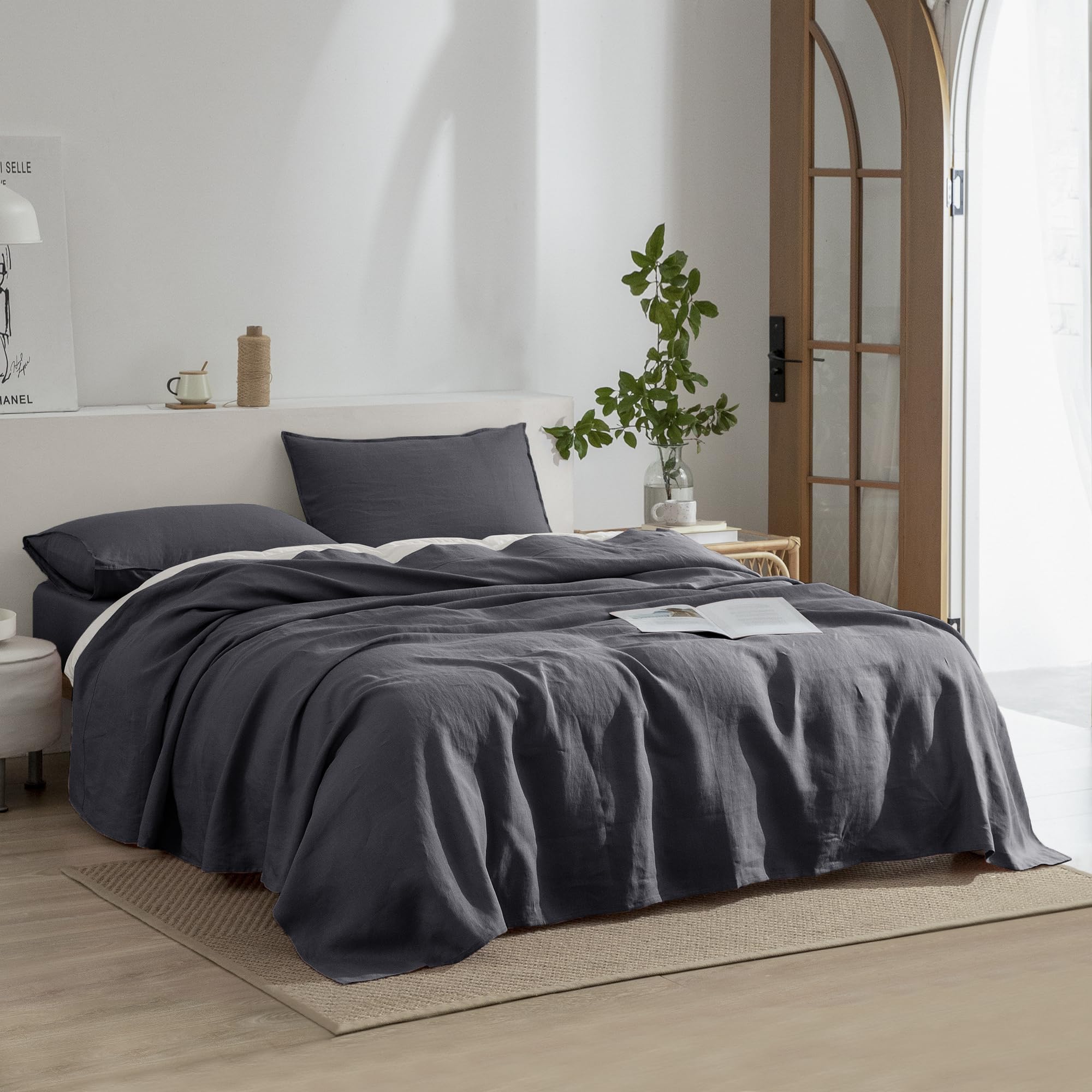Premium 100% French Stonewashed Linen Sheet Set King Size - 4 Piece Natural Bedding (1 Flat Sheet, 1 Fitted Sheet, 2 Pillowcases) for Hot Sleepers - Deep Pocket Dark Grey - Breathable & Temperature Regulating for Summer Nights & All-Season Comfort