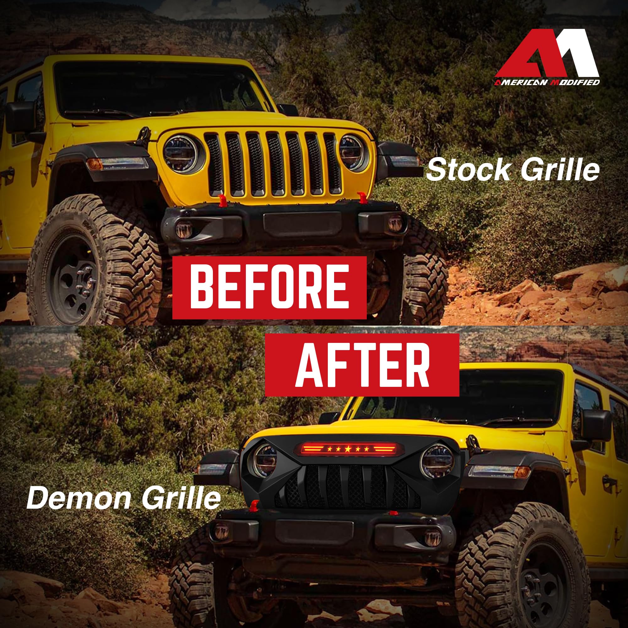 American Modified Demon Front Grille with Red LED Star Lights for Jeep Wrangler JL & Gladiator JT (2018-2021) - Matte Black | No TrailCam Required | Off-Road Upgrade for Enhanced Style & Night Visibility