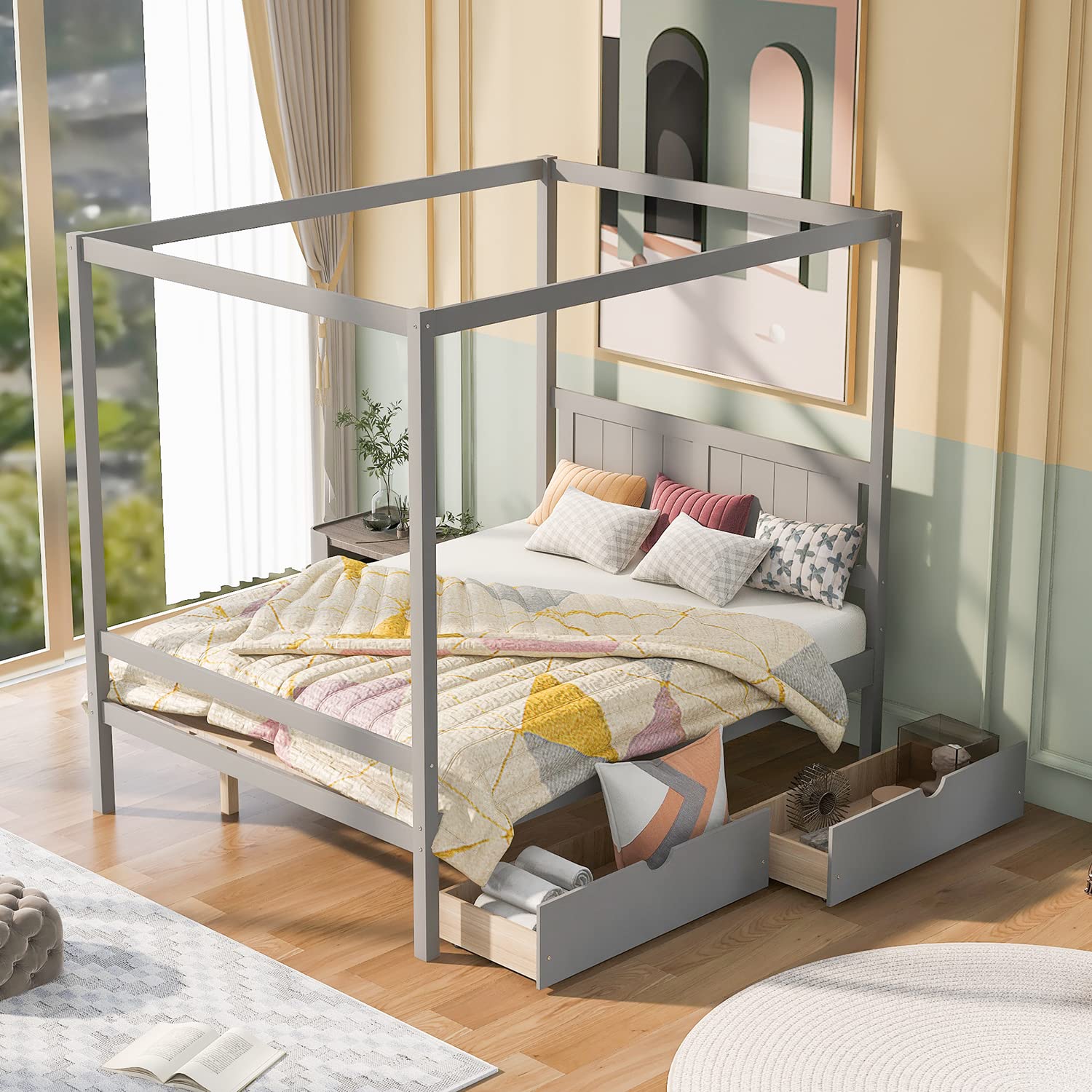 **ARCLIS Full Size Canopy Platform Bed with 2 Drawers - Wooden Bed Frame with Headboard & Slat Support - Grey Kids Bed for Boys & Girls - Perfect for Bedrooms, Dorms & Guest Rooms**