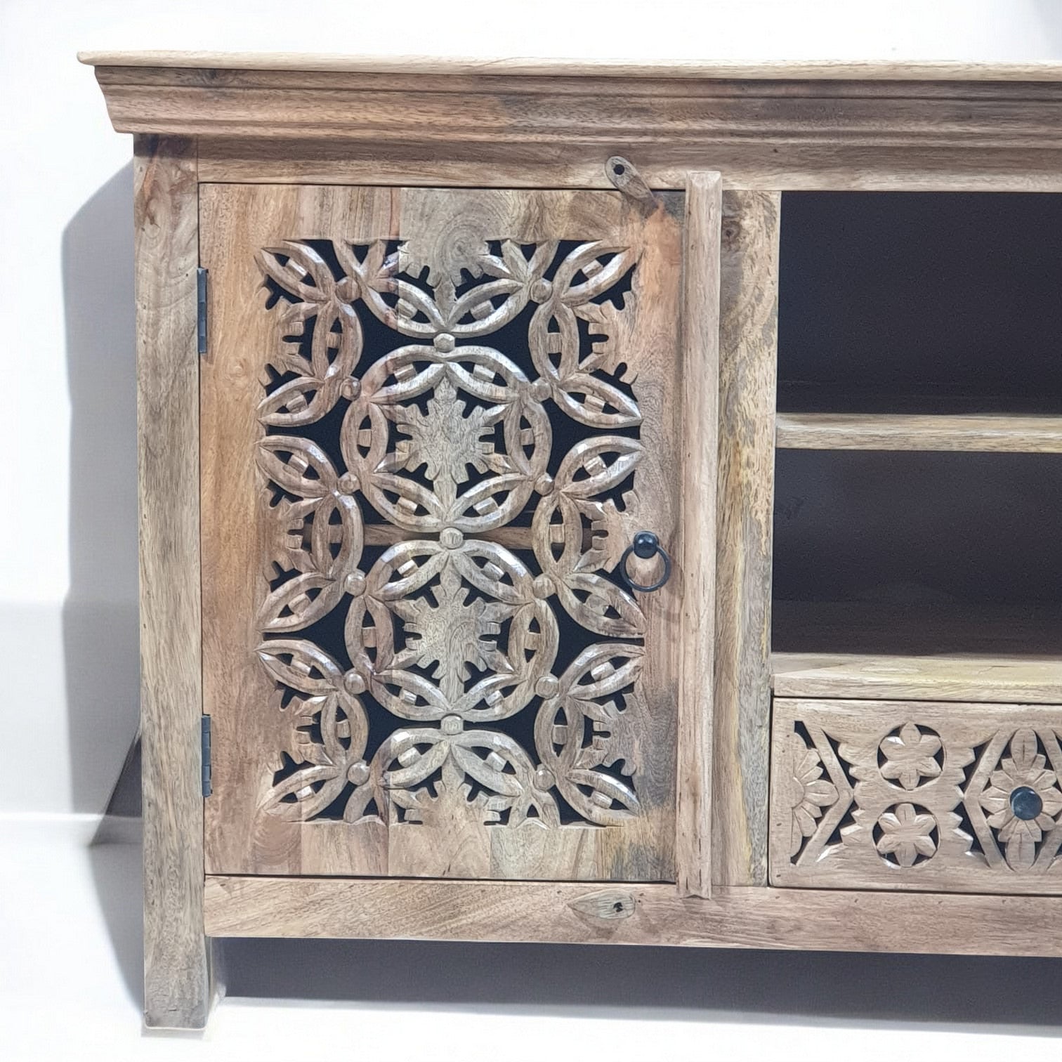 Handmade Carved Indian Mango Wood 2 Door 1 Drawer Sideboard Cabinet - Natural Finish for Dining Room, Living Room & Entryway Storage
