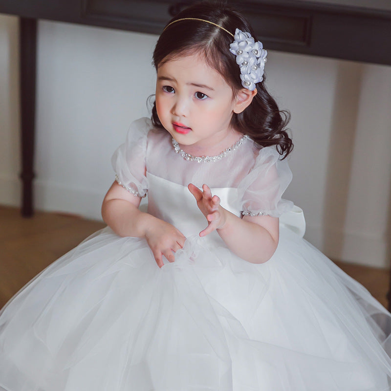 Elegant Princess Tulle Flower Girl Dress with Beads and Bow - Tea Length Formal Dress for Weddings, Baptisms & Special Occasions