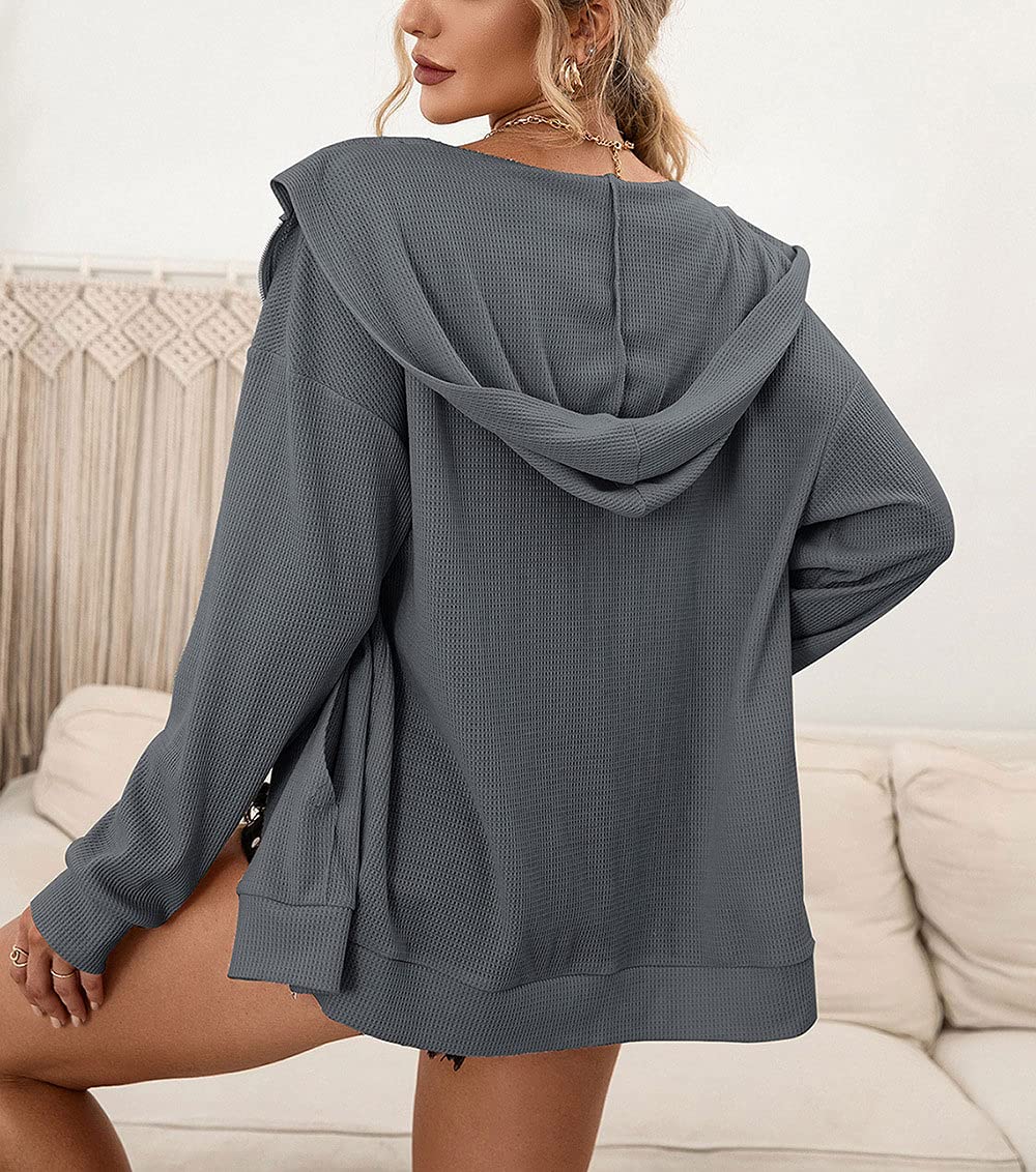 Women's Waffle Knit Long Sleeve Zip Up Hooded Sweatshirt with Pockets - Cozy Casual Pullover for Fall & Winter | Perfect for Lounging, Running Errands and Outdoor Activities
