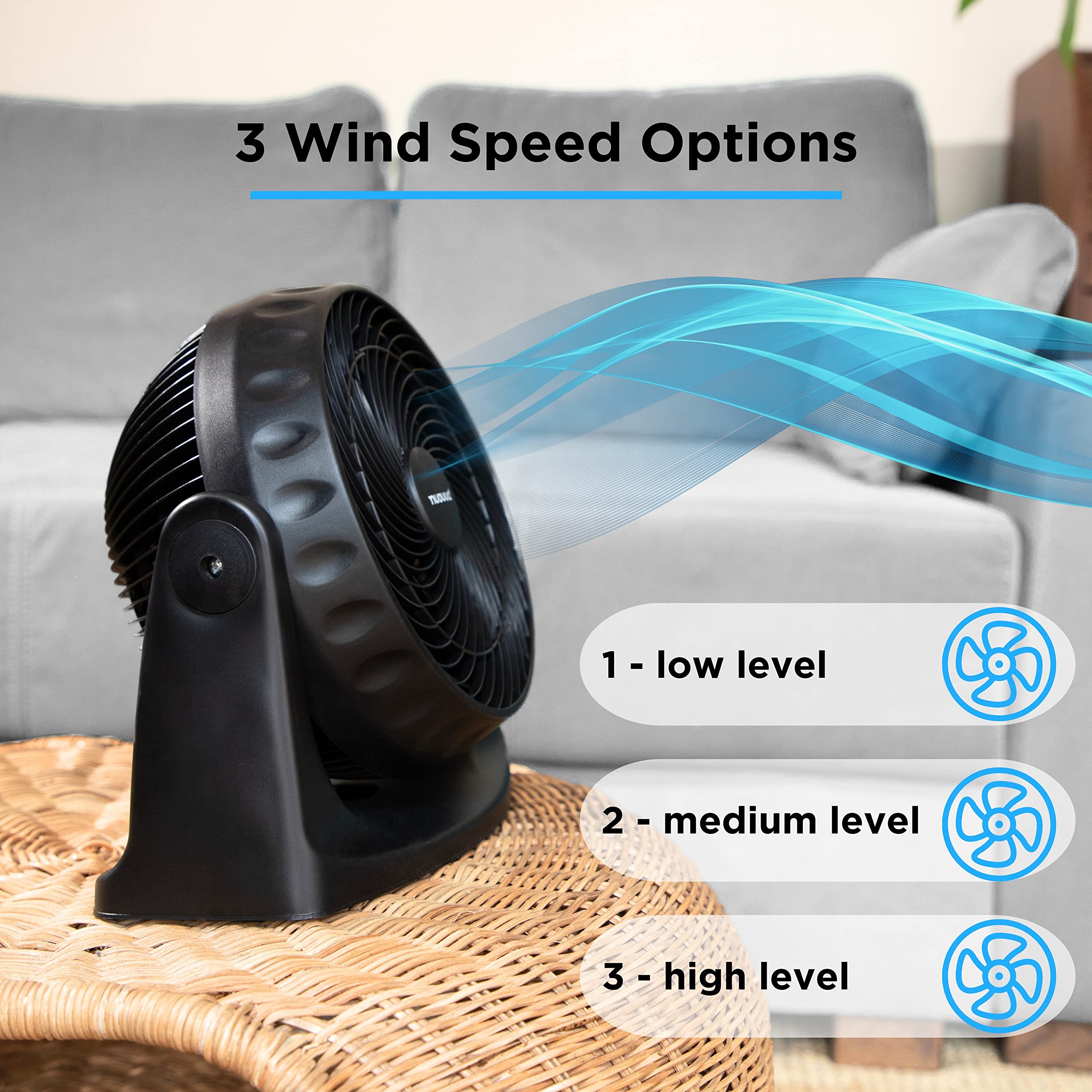 Nuovva Electric Turbo Desk Fan - Powerful Standing & Wall Mount Cooling Fan with 90° Oscillation - Ultra Quiet 3-Speed Adjustable Fan for Office, Bedroom & Home Use - Black