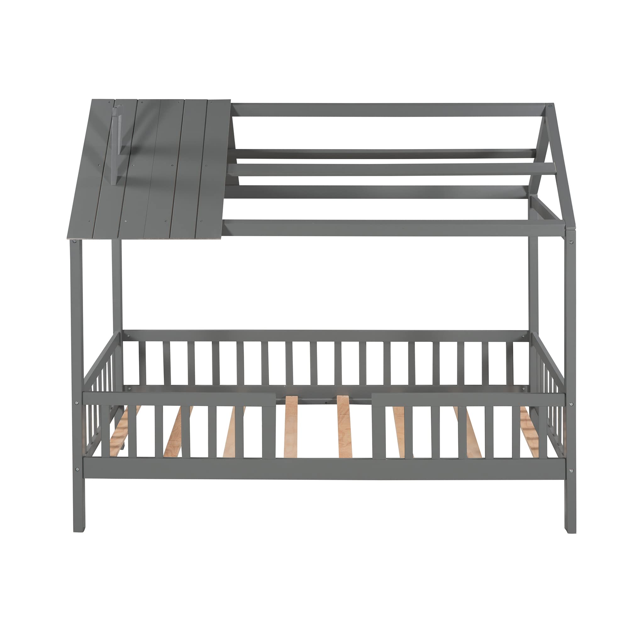 **Montessori Twin House Bed for Kids - Solid Wood Playhouse Tent Bed with Fence & Roof - Gray Twin Size Bed Frame for Kids, Teens & Adults - Perfect for Bedrooms, Playrooms & Montessori Learning Spaces**