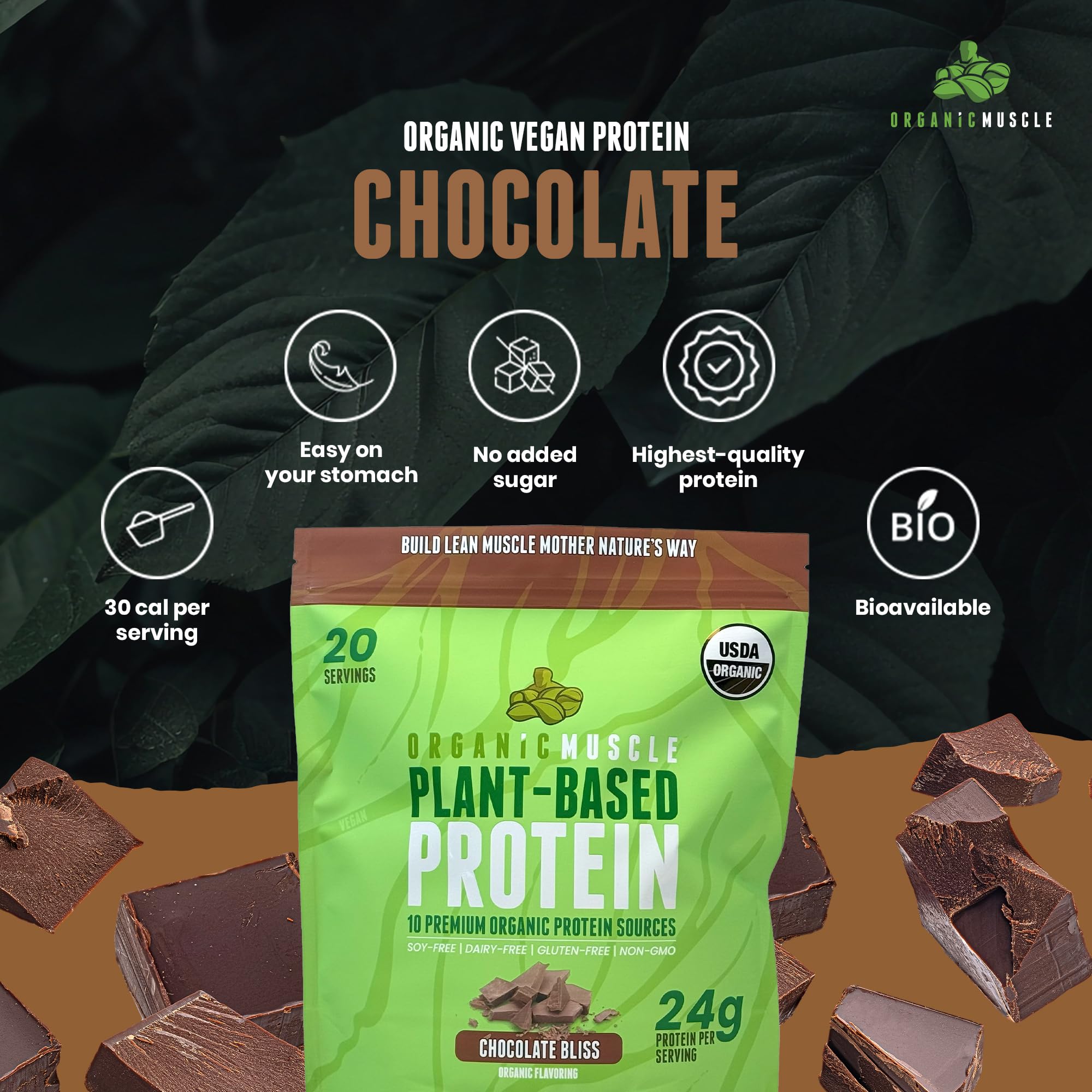 Organic Vegan Protein Powder - Plant-Based Chocolate Protein with Pea, Hemp, Brown Rice & Chia Seeds - Low Calorie Muscle Recovery & Growth Supplement - Post-Workout Shake for Athletes & Fitness Enthusiasts