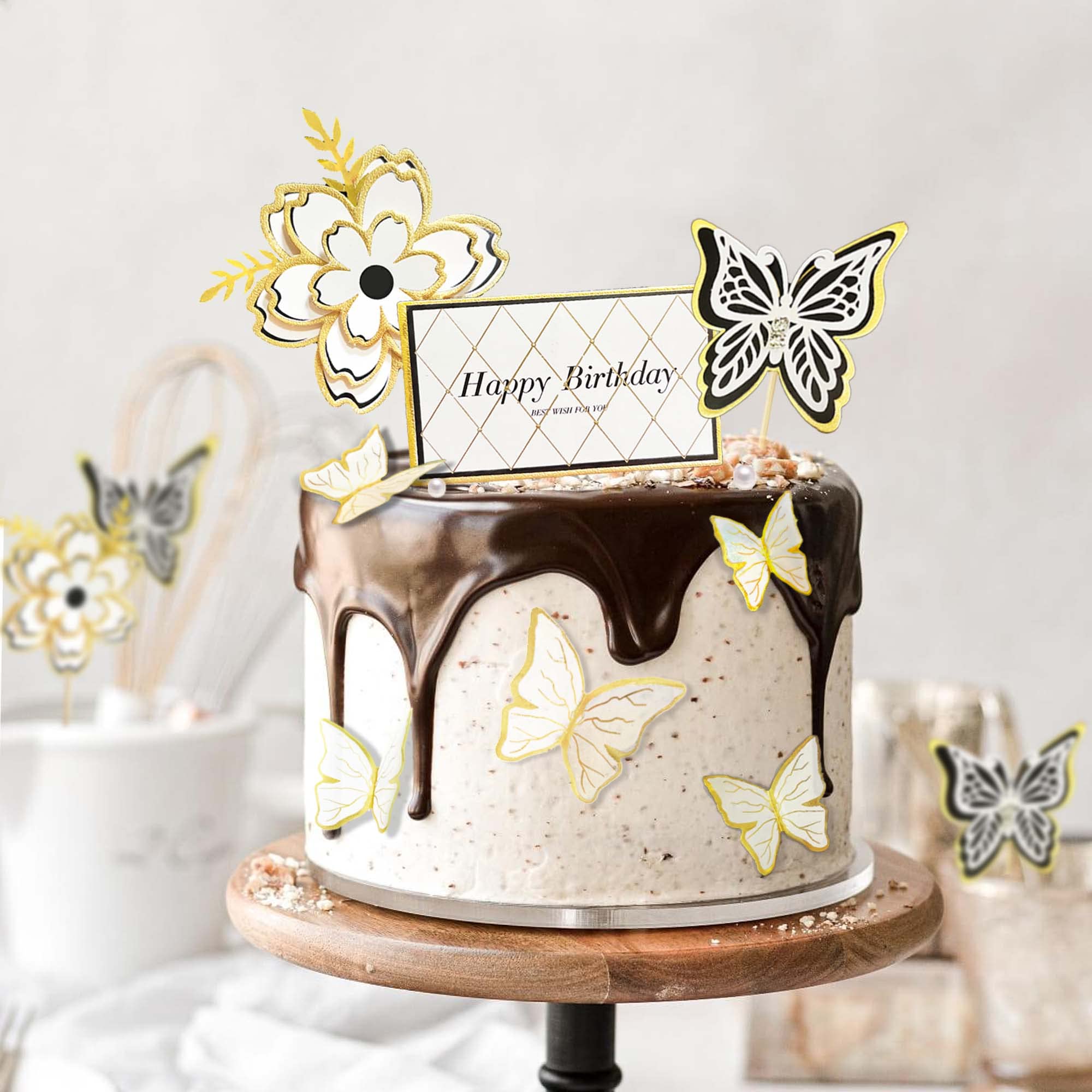 8-Piece White Gold Flower Butterfly Cake Toppers - Elegant Birthday Cake Decorations for Weddings, Baby Showers & Party Decor - Perfect for Butterflies Theme Celebration