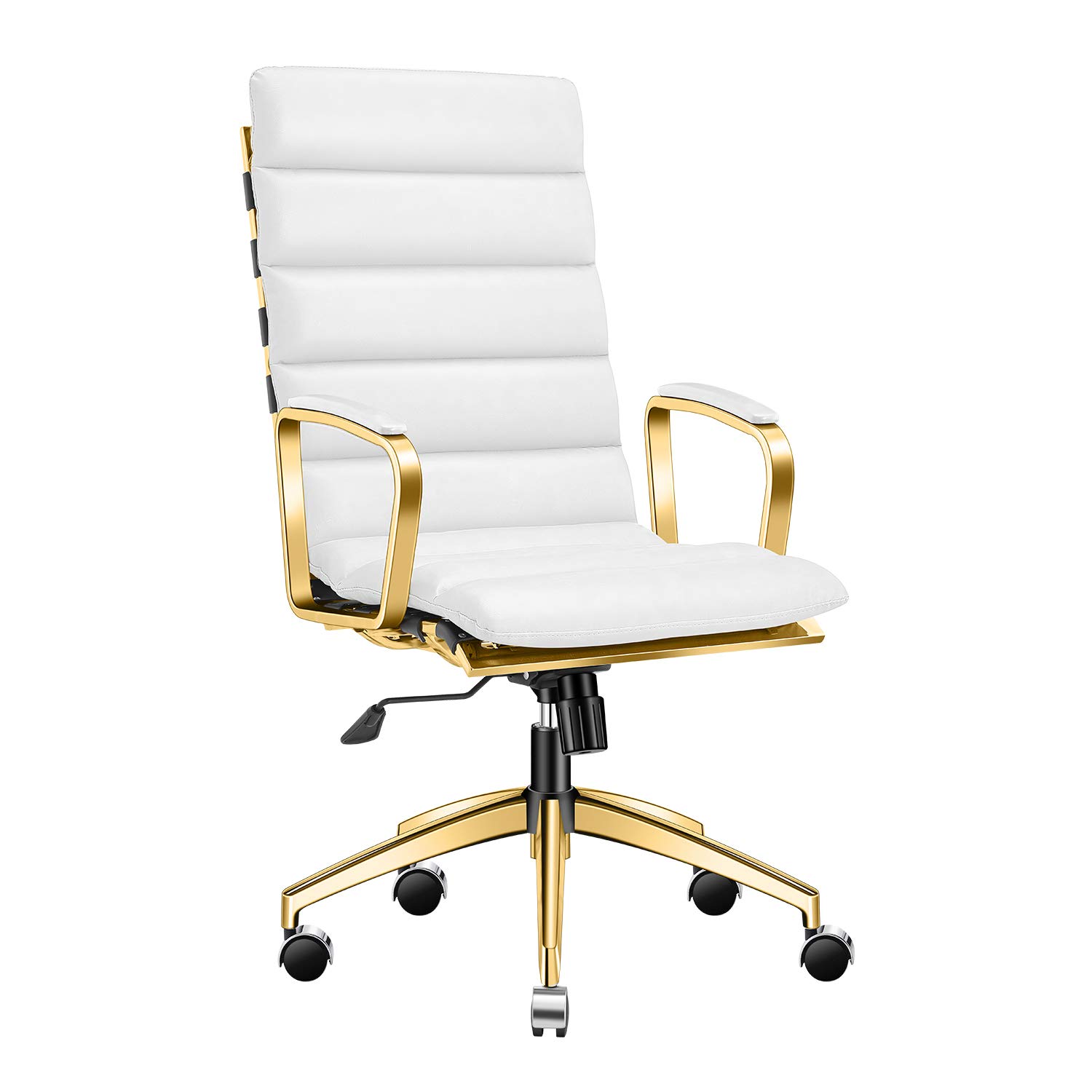 Premium White & Gold Leather Office Chair - Mid Century Modern Executive Desk Chair with Wheels - Ergonomic Rolling Chair for Home Office, Study, or Conference Room (Gold & White)