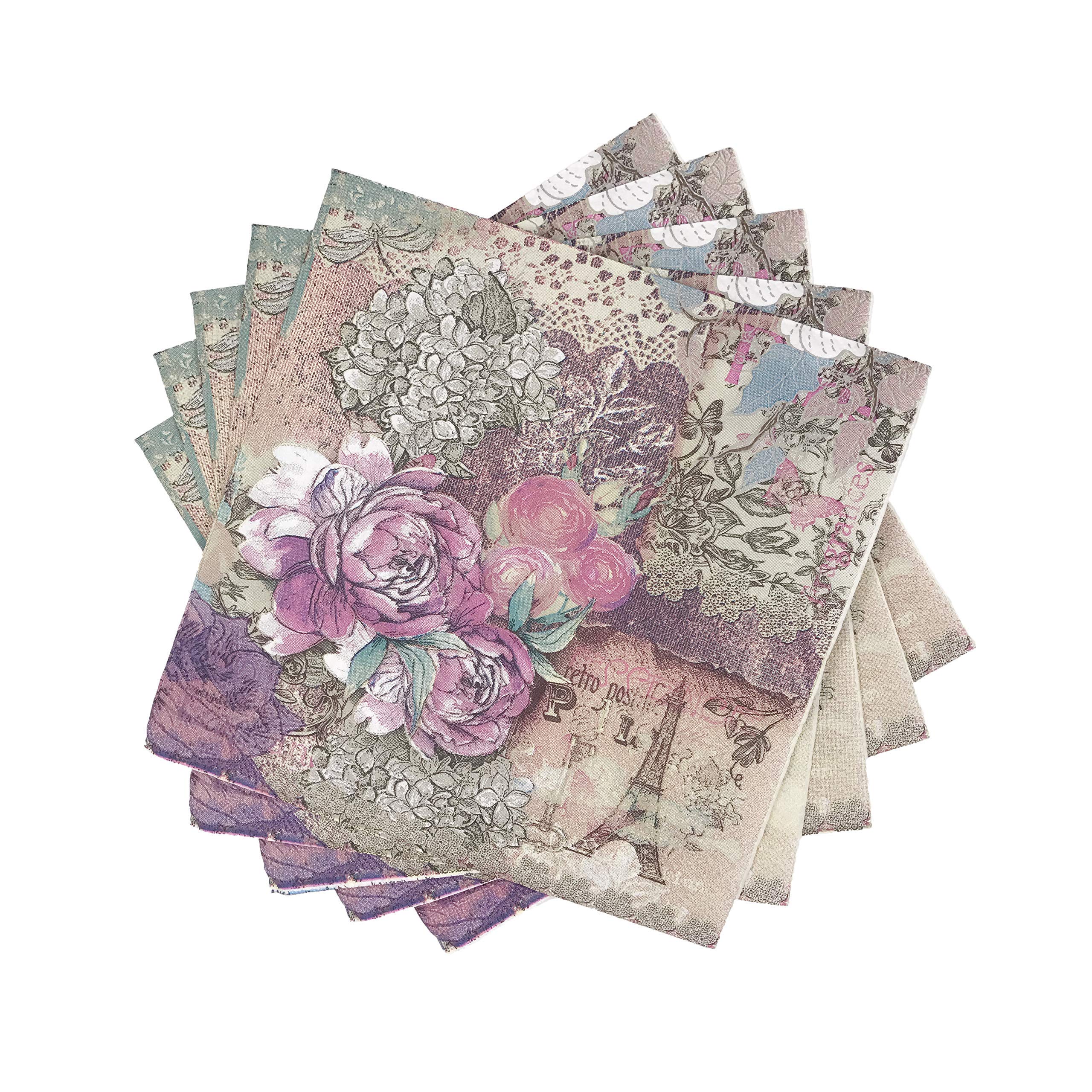 WallyE French Garden Shabby Chic Decoupage Paper Napkins - 20 Pack Floral Patterned Luncheon & Cocktail Napkins for Bridal Showers, Weddings & Tea Parties - Perfect for Vintage-Themed Events & Home Decor