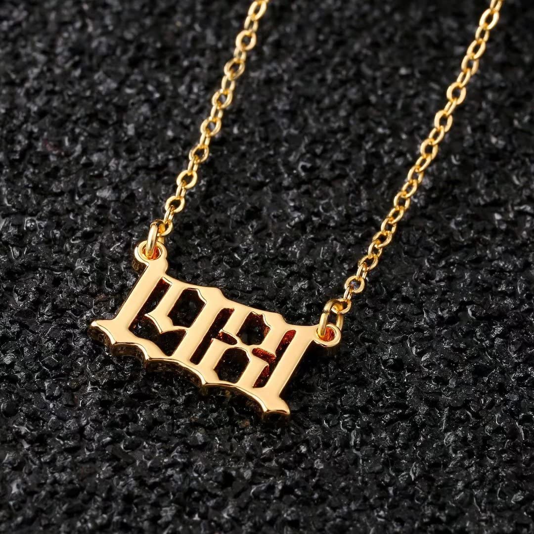18K Gold Plated Old English Birth Year Necklace for Women - Personalized Jewelry Gift for Birthday, Anniversary (1970-2021) | Elegant Layering Necklace for Everyday Wear & Special Occasions