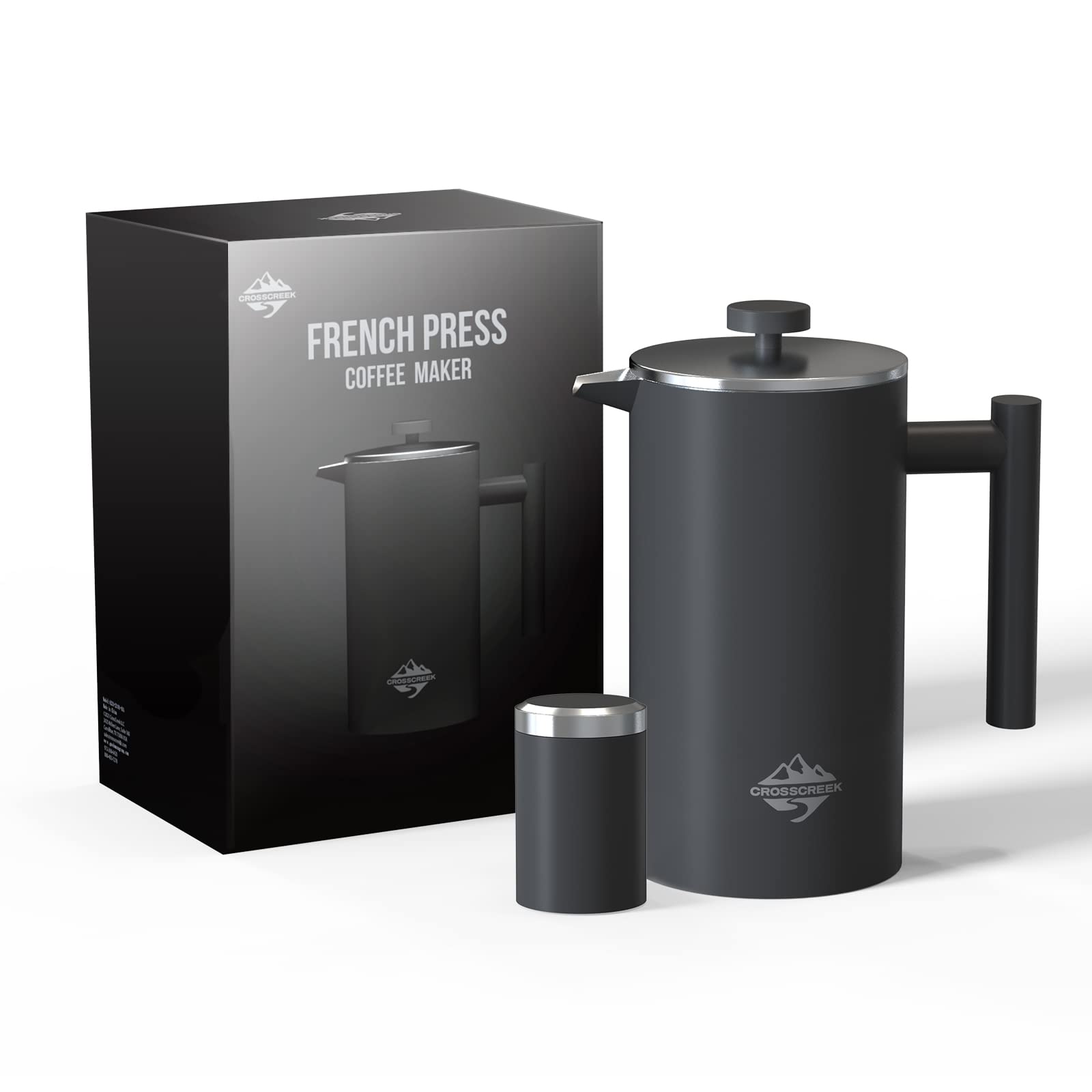 Premium 34oz Stainless Steel French Press Coffee Maker - Double Wall Insulated for Heat Retention, Includes 60g Coffee Canister - Perfect for Camping, Travel & Home Use - Dishwasher Safe Black (4 Cup Capacity)