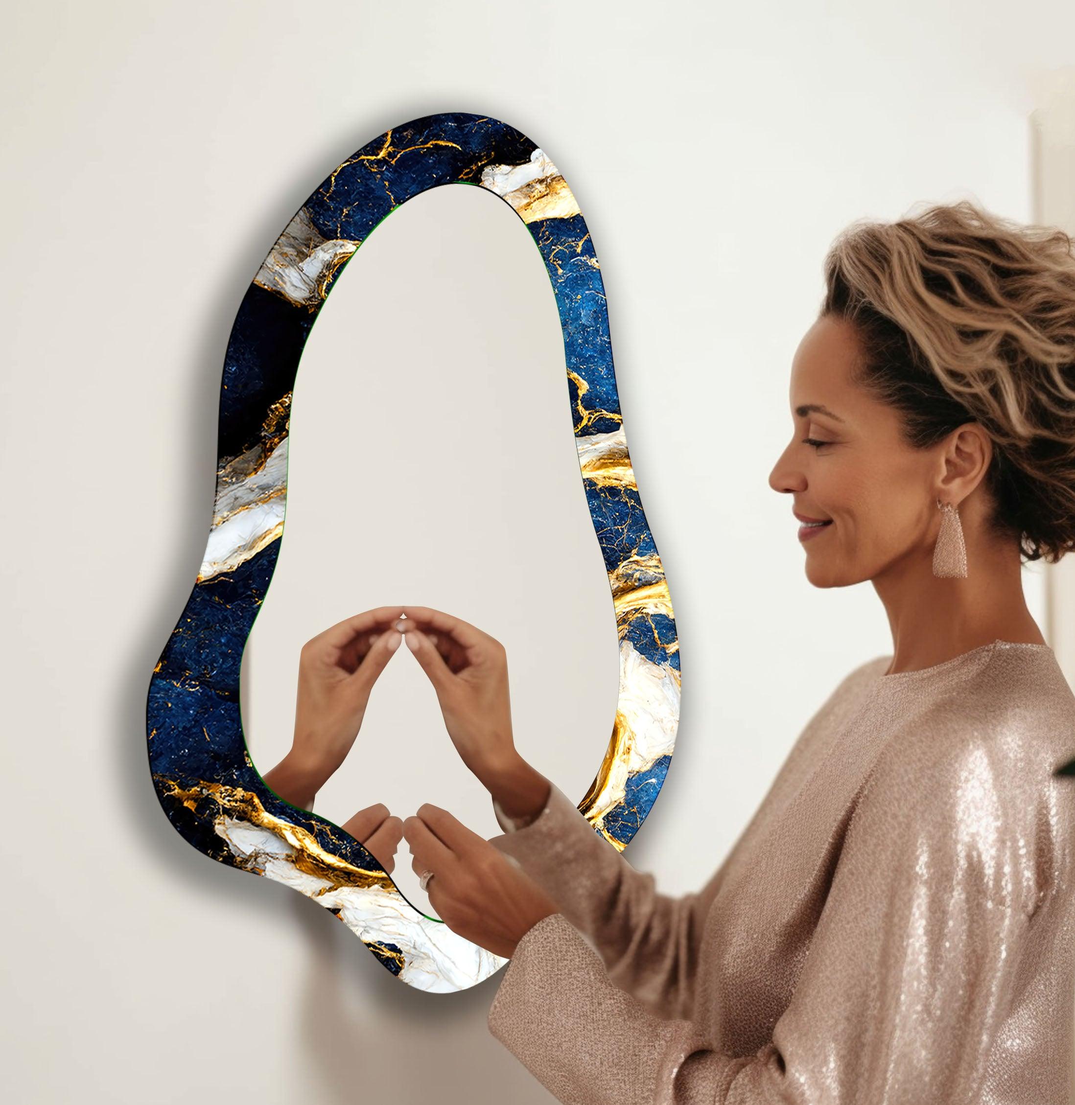 Blue & Gold Marble Bathroom Wall Mirror - Elegant Vanity Mirror for Makeup & Shaving - Perfect for Modern Bathroom Decor & Bedroom Vanity