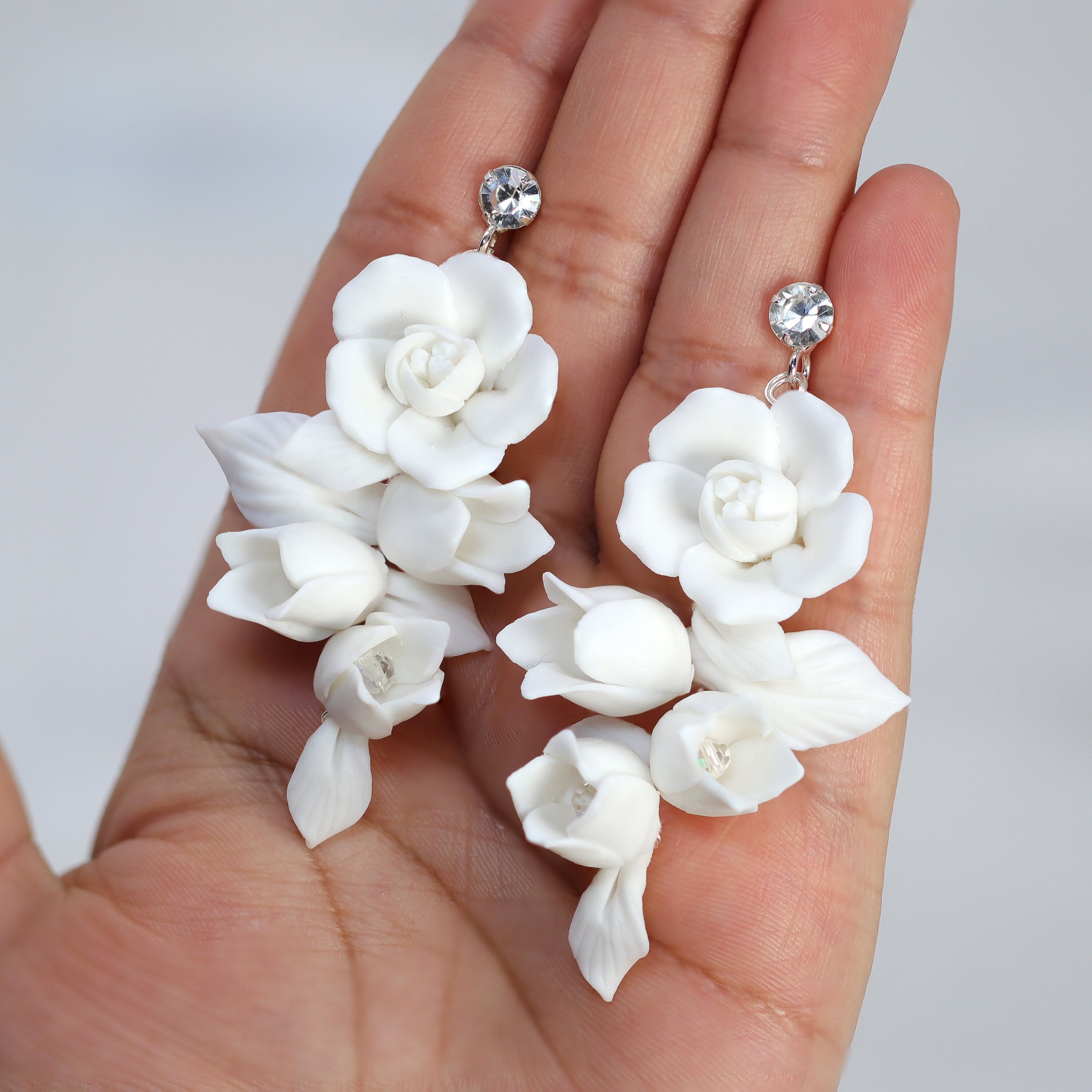 White Pearl Flower Petal Earrings for Women - Elegant Crystal Bridal Jewelry, Long Drop Statement Earrings with CZ Stones - Perfect for Weddings, Prom, Parties and Special Occasions