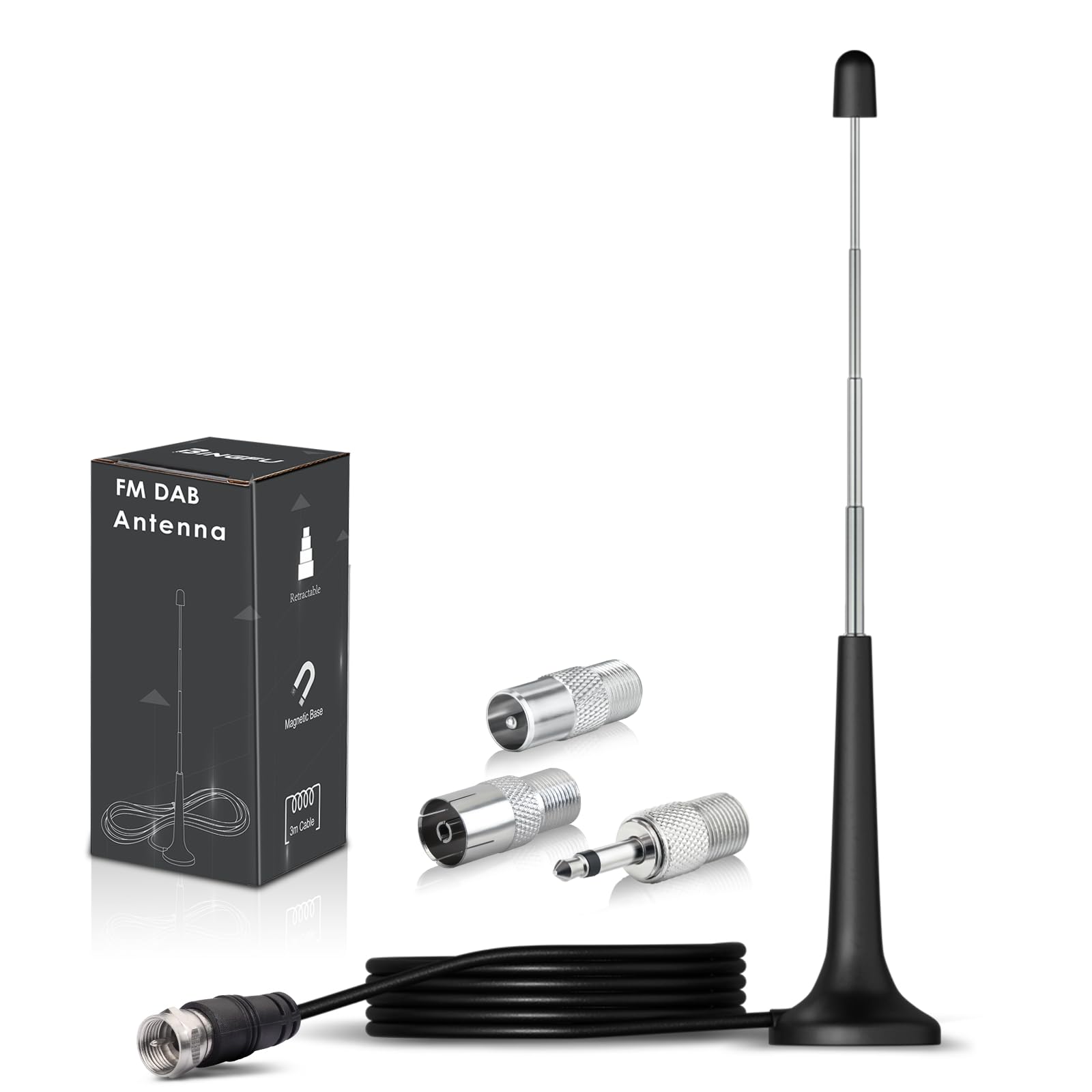 Bingfu DAB/FM Radio Antenna - 75 Ohm F Plug Digital Indoor Telescopic Aerial with Magnetic Base, 3Meter Extension Cable & 4 Adapters Kit - Compatible with Denon, Pioneer, Marantz - Perfect for Home, Office, and Car Audio Systems