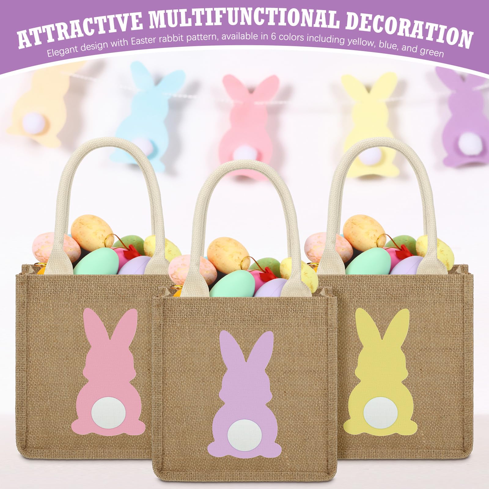 6 Pack Easter Burlap Gift Bags with Handles - 7.9x7.9x4.3 Inch Jute Baskets for Easter Bunny Treats, Party Favors & Holiday Decorations - Perfect for Easter Egg Hunts, Spring Celebrations and Classroom Gifts
