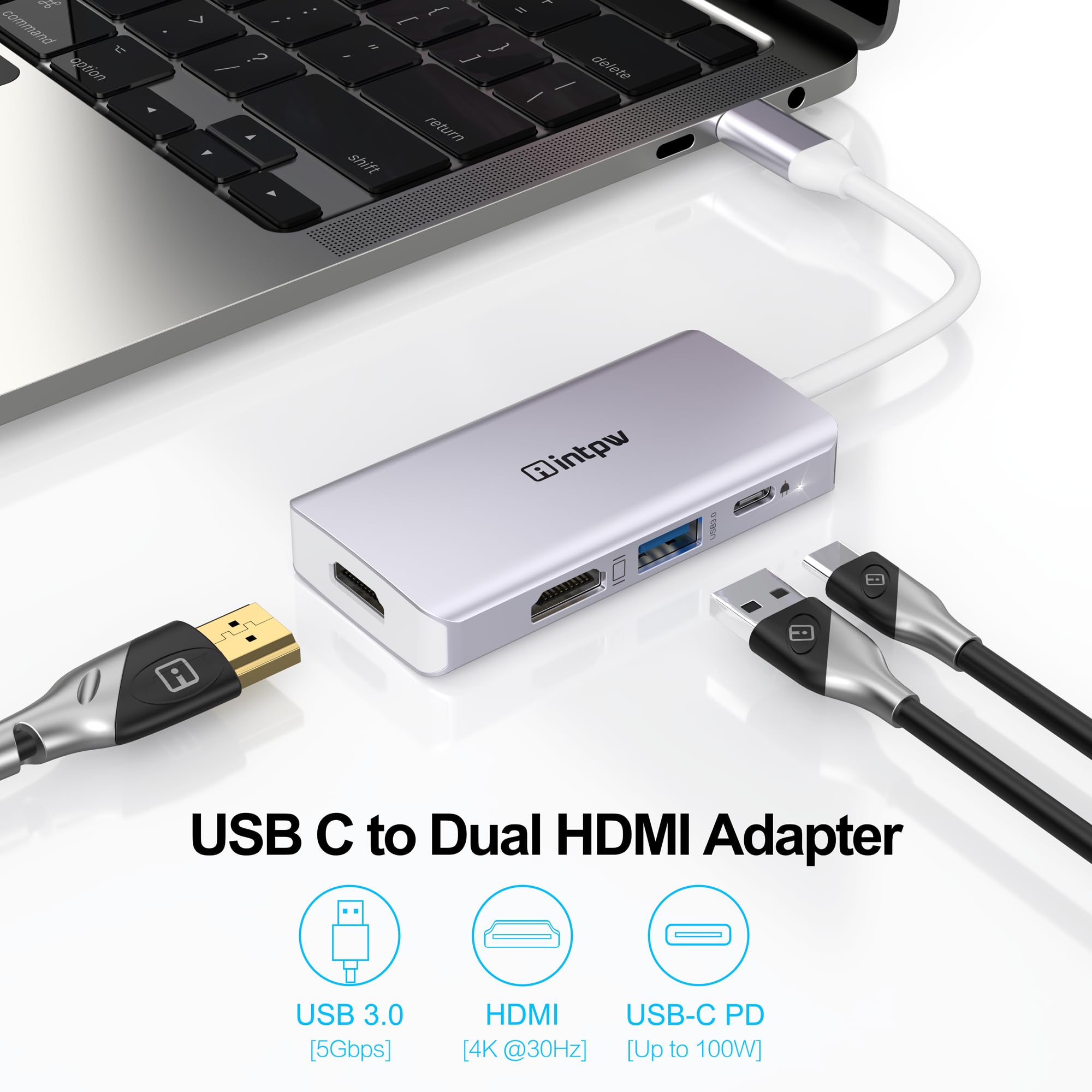 USB C to Dual HDMI Adapter 4K - Thunderbolt 3 Compatible for MacBook Pro/Air, iPad Pro, Dell XPS, Nintendo Switch - Silver | Dual Monitor Setup for Work, Gaming & Presentations