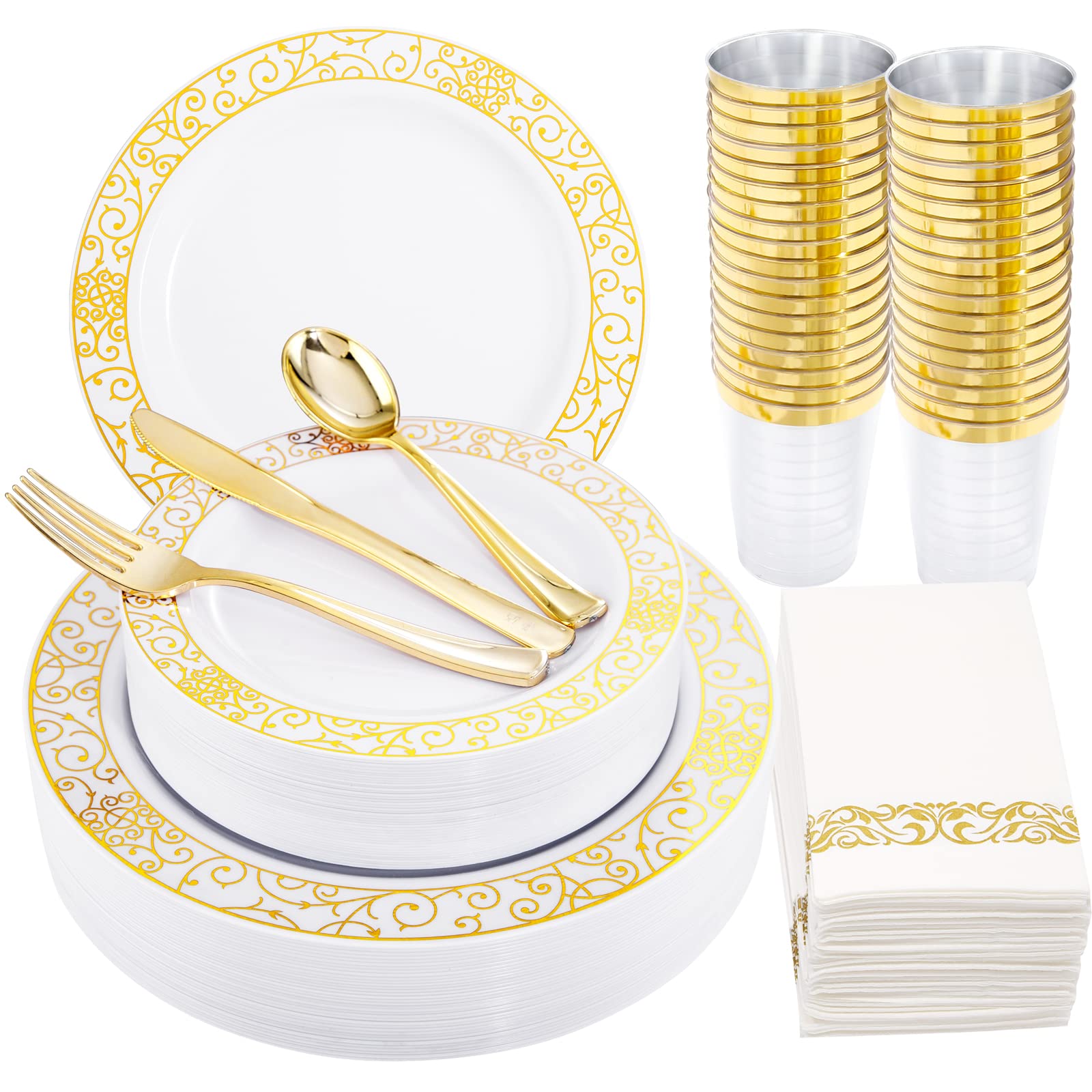 FLOWERCAT 175-Piece Gold Plastic Dinnerware Set - 50 Plates, 25 Knives, 25 Spoons, 25 Forks, 25 Cups & 25 Napkins - Elegant Disposable Tableware for Thanksgiving, Weddings, Parties & Special Events - Perfect for Holiday Gatherings, Banquets & Catering Services