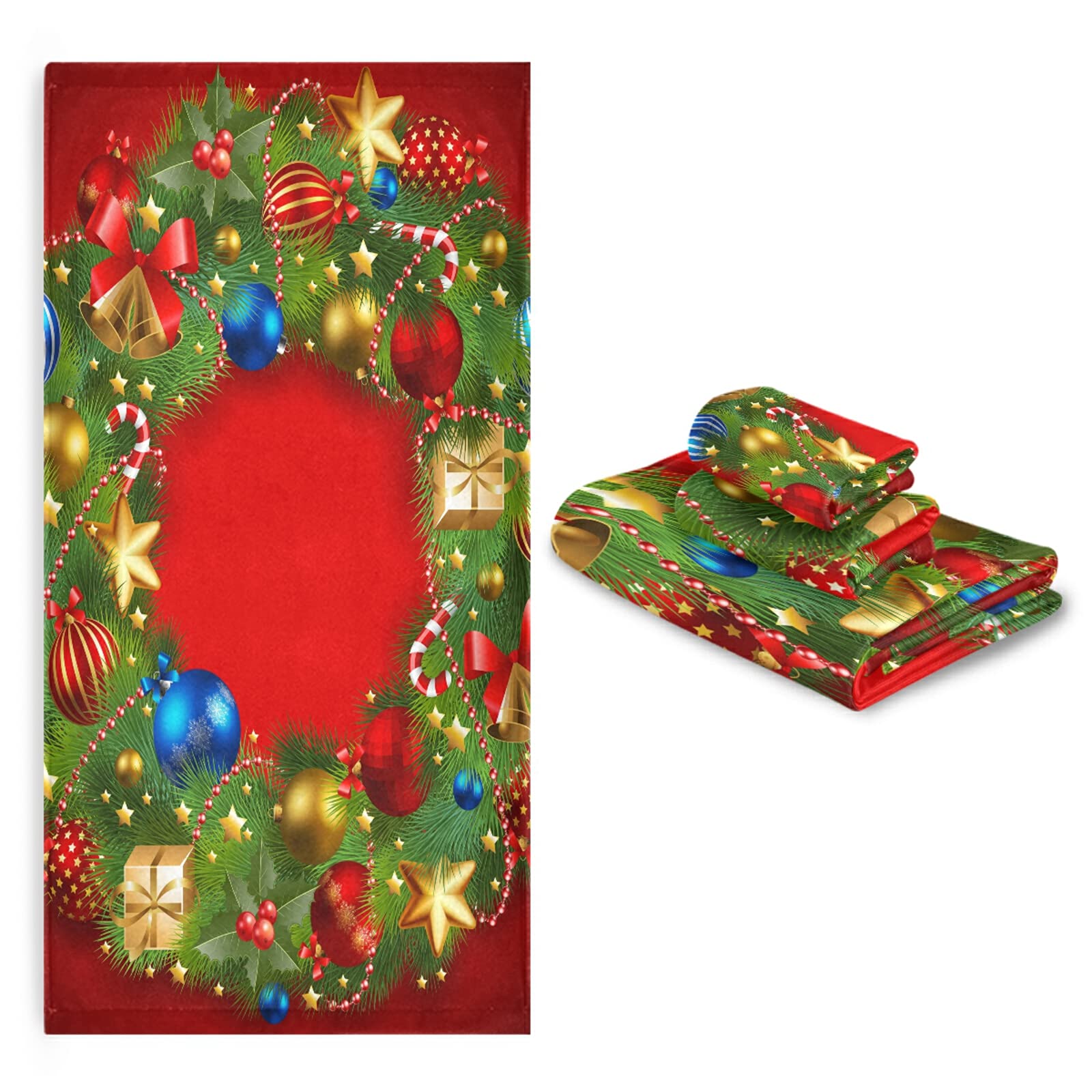 ALAZA Christmas Wreath Red Bath Towel Set - Luxury 3-Piece Decorative Set (1 Bath Towel, 1 Hand Towel, 1 Washcloth) - Ultra Soft for Bathroom, Hotel, Gym, Yoga & Spa - Perfect for Holiday Decor & Gift Giving