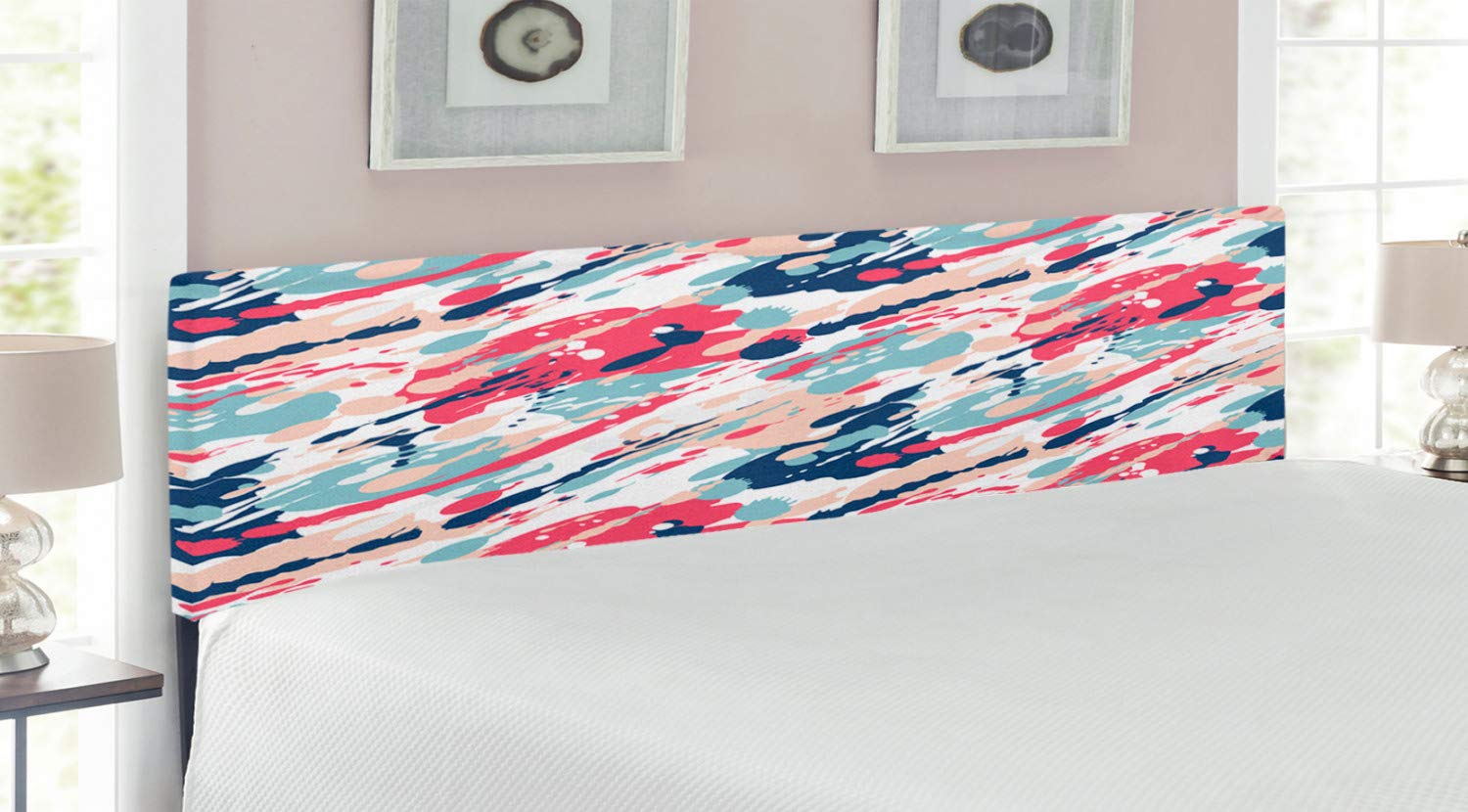 Ambesonne King Size Upholstered Headboard - Navy & Blush Abstract Pastel Splatter Print, Decorative Metal Frame with Memory Foam Padding | Perfect for Modern Bedroom, Guest Room & Dorm Decor