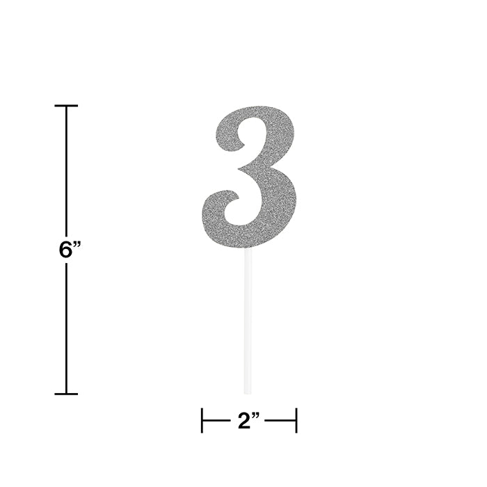 12-Piece Bulk Silver Glitter Number 3 Cake Toppers for Birthday Parties, Anniversary Celebrations & Special Occasions