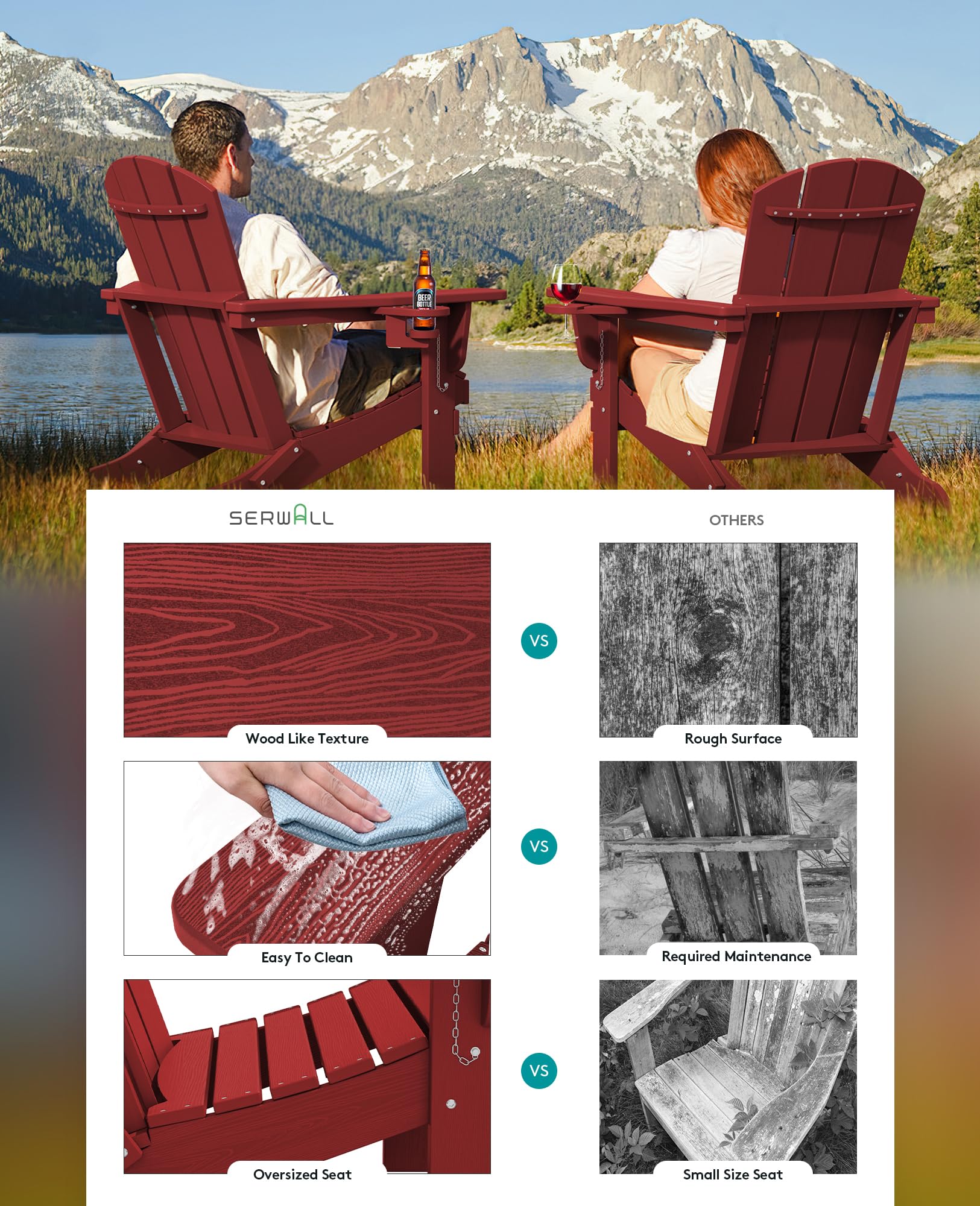 Premium SERWALL Adirondack Chair with Cup Holders - Durable HDPE Composite Outdoor Patio Furniture - All-Weather Resistant (Red) - Perfect for Backyard, Poolside & Garden Relaxation