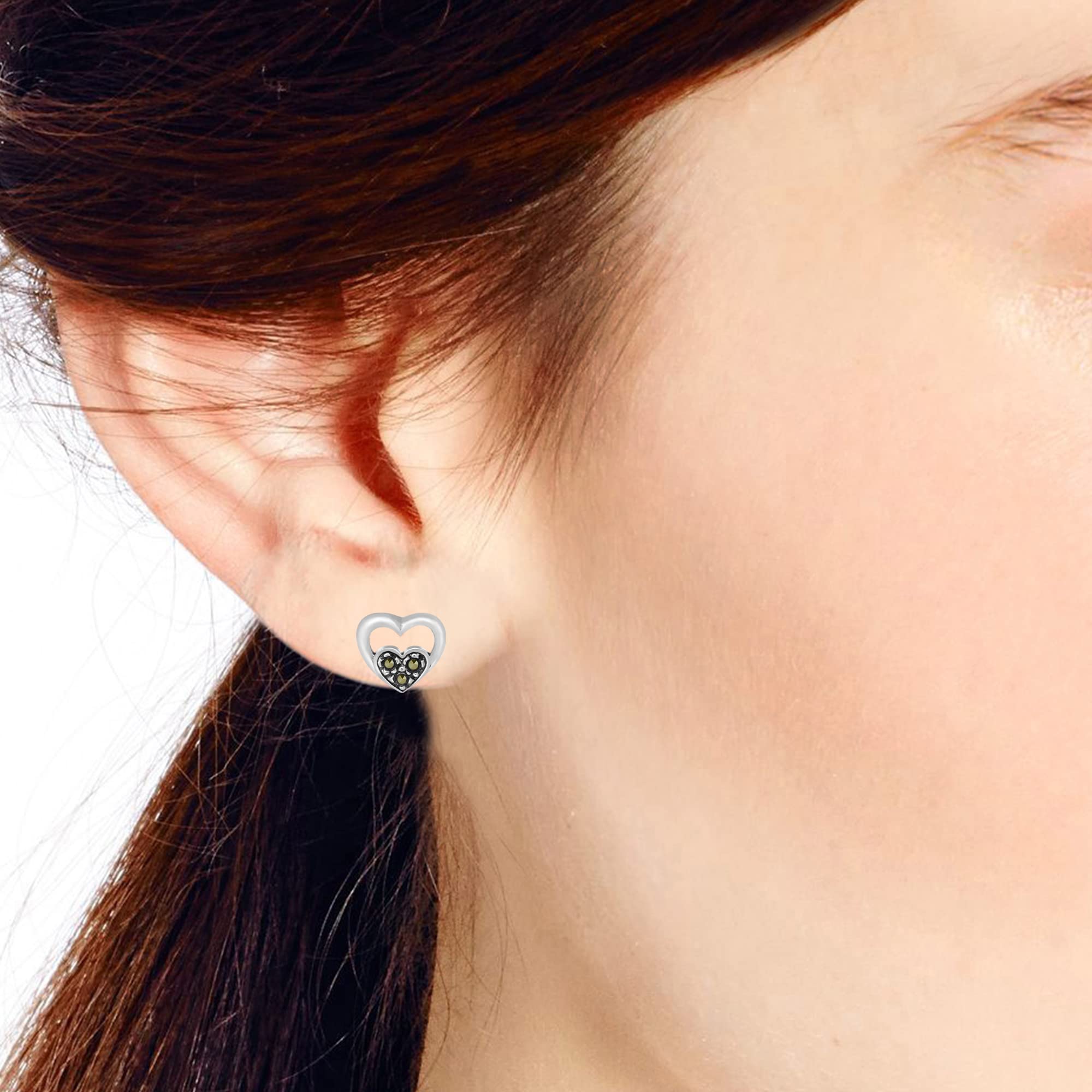 AeraVida Minimalist Heart Marcasite Pyrite Stud Earrings in .925 Sterling Silver | Open & Double Heart Earrings for Women | Valentine's Day Jewelry Gift | Perfect for Date Night, Anniversary & Romantic Occasions