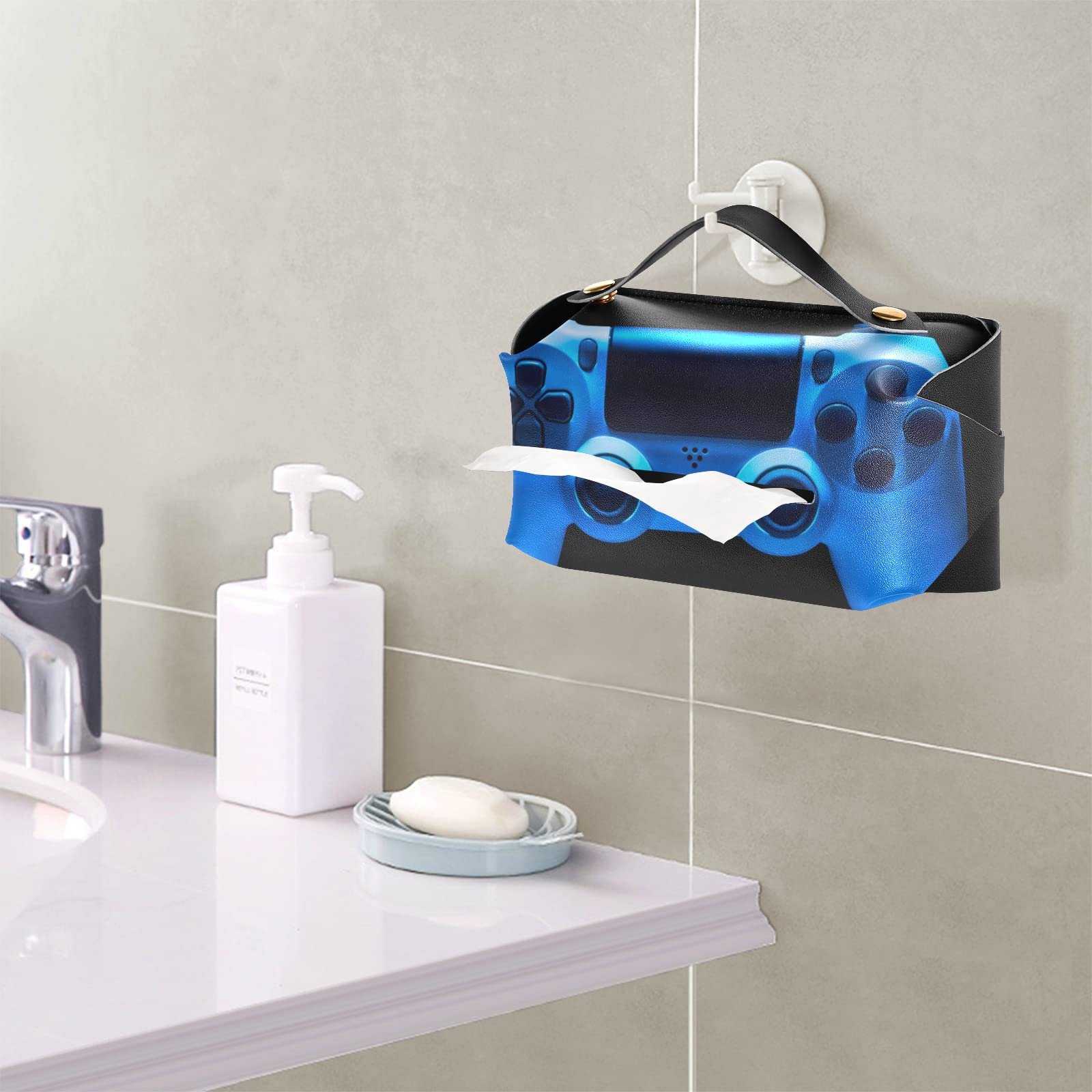 Blue Neon Light Video Game Joystick Gamepad - Leather Tissue Box Cover with Handle (9.4x5.1x3.6 in) for Bathroom, Home, Office & Car - Perfect for Gaming Setups, Nightstands & Vanity Countertops