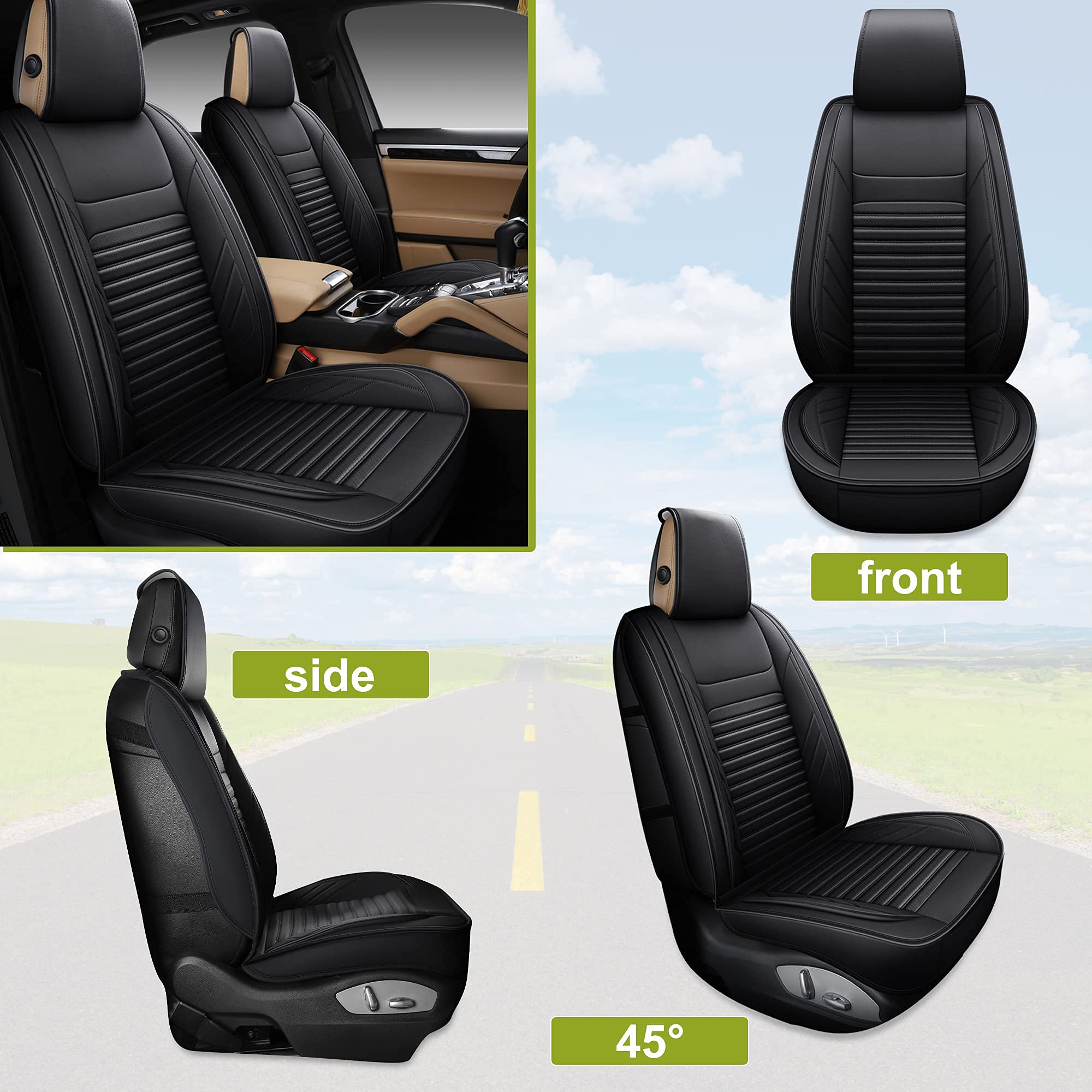 Premium AOOG Leather Car Seat Covers - Universal Fit Leatherette Auto Seat Protectors for Cars, SUVs & Trucks | Non-Slip Vehicle Interior Accessories (Full Set, Black) | Perfect for Daily Commute, Road Trips & Family Protection