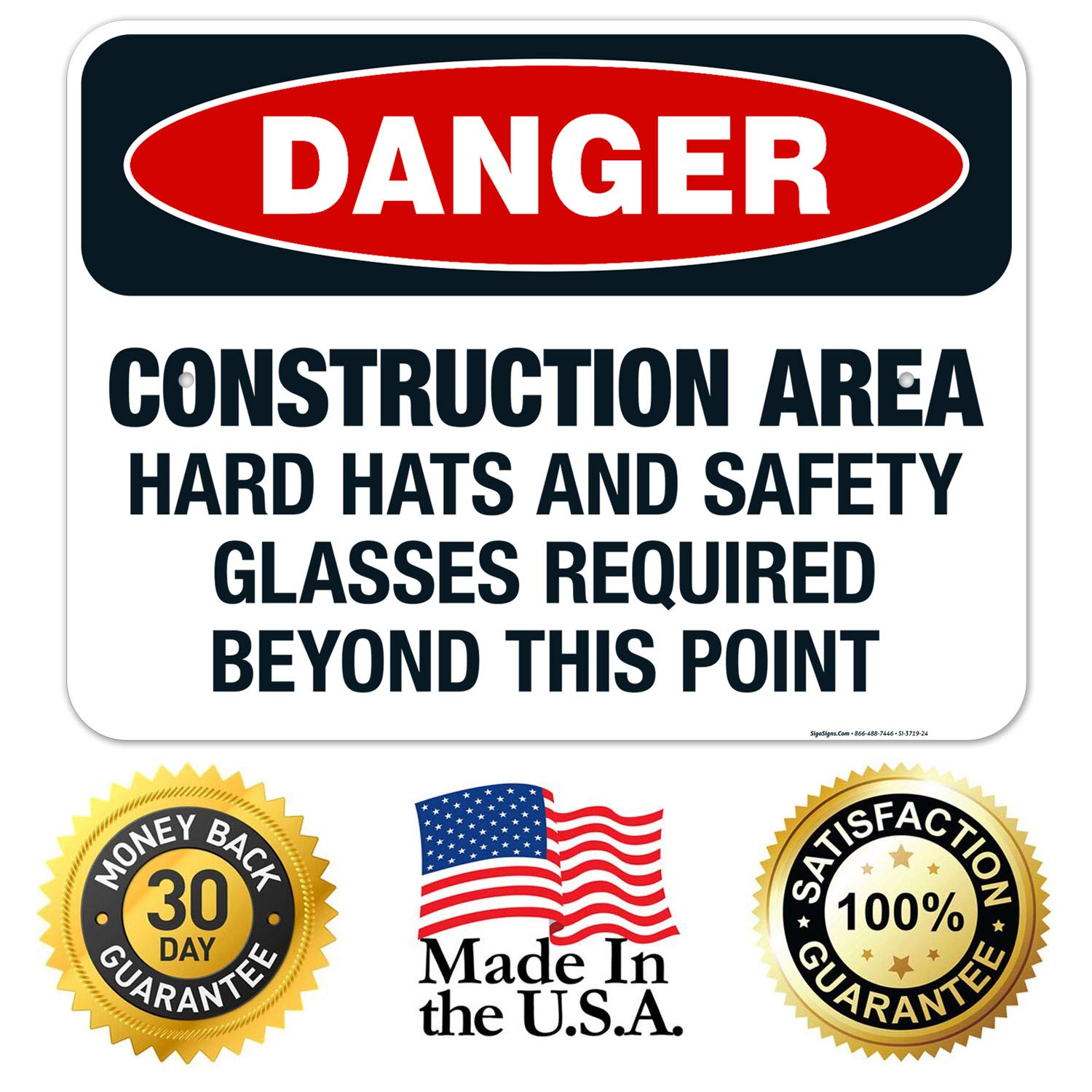 OSHA Compliant Construction Safety Sign - Hard Hats & Safety Glasses Required Beyond This Point - 18x24 Inch Rust-Free .063 Aluminum Sign - Fade Resistant for Indoor/Outdoor Use - Made in USA - Perfect for Construction Sites, Warehouses & Industrial Areas