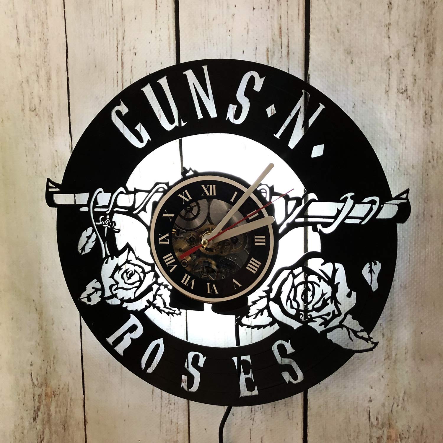 Guns N' Roses LED Wall Light - Vintage Handmade Vinyl Wall Clock with Remote Control, Night Light & Backlight Art for Living Room, Bedroom, or Bar Decor (White) - Perfect for Music Lovers & Retro Interior Design