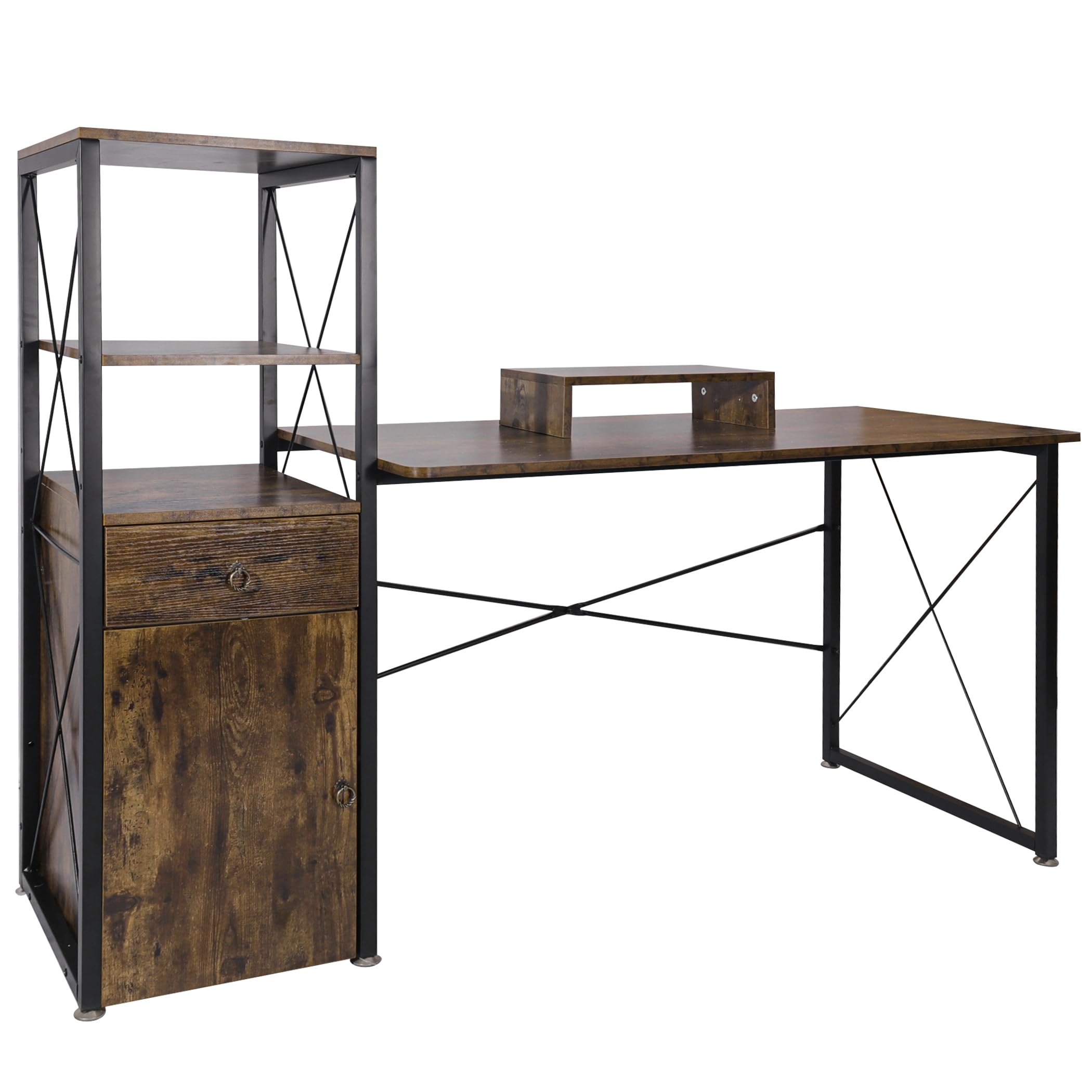 Becko 63 Inch Computer Desk with Drawer & Storage Shelves, Rustic Brown Home Office Desk with Removable Monitor Stand - Perfect for Writing, Gaming, and Remote Work in Small Spaces