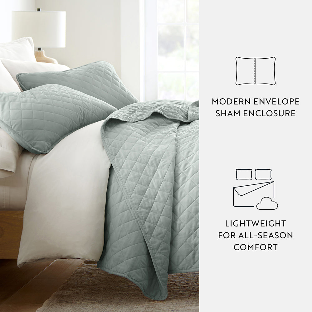 3 Piece Diamond Stitch Quilted Coverlet Set - Queen Size Bedspread with Matching Shams - Luxury Bedding for Master Bedroom & Guest Room Decor