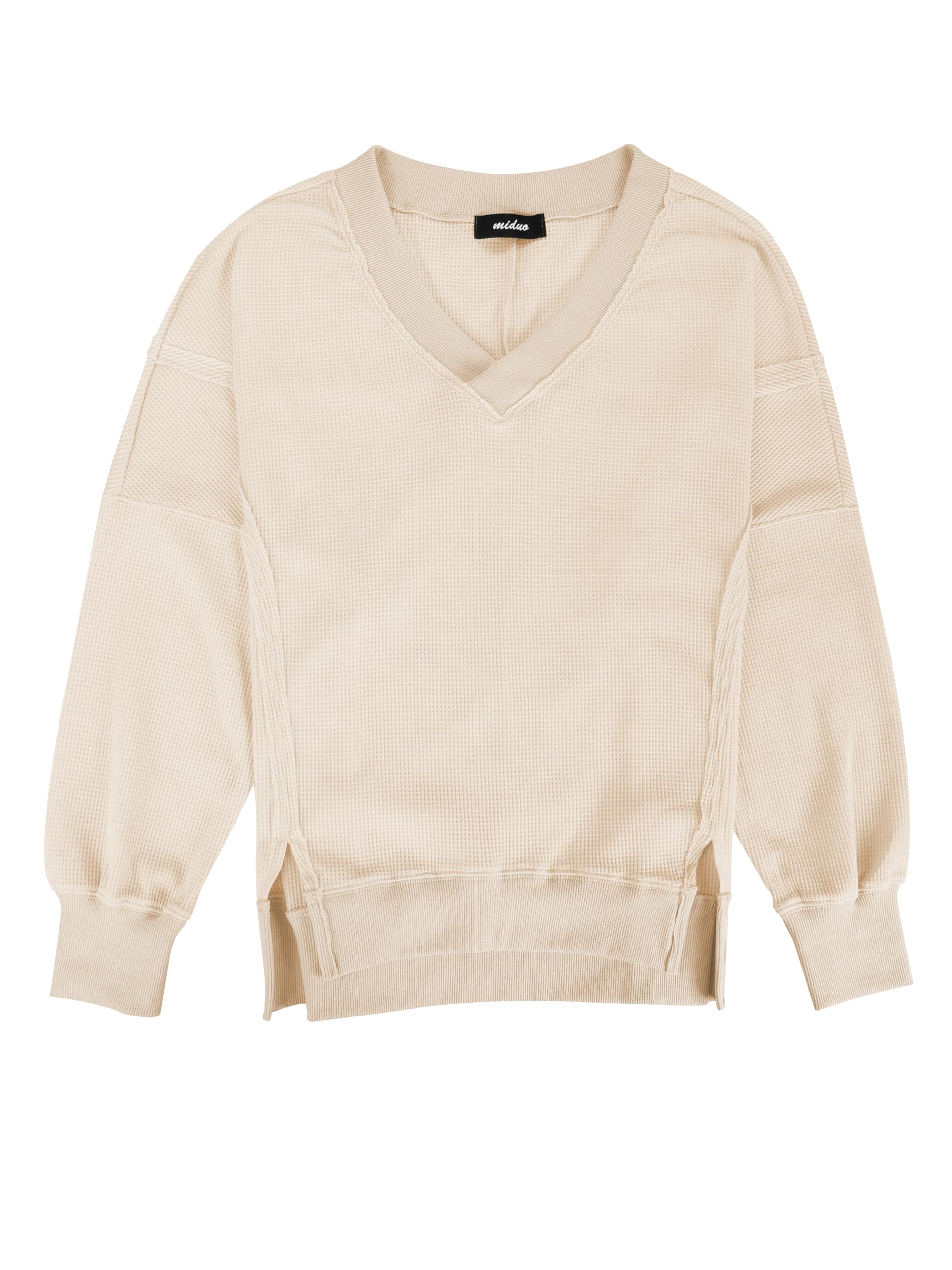 Miduo Women's Oversized Waffle Knit Sweatshirt - V Neck Long Sleeve Pullover with Reverse Seam & Side Splits | Casual Loungewear, Fall Winter Fashion, Cozy Outfit for Home & Outings