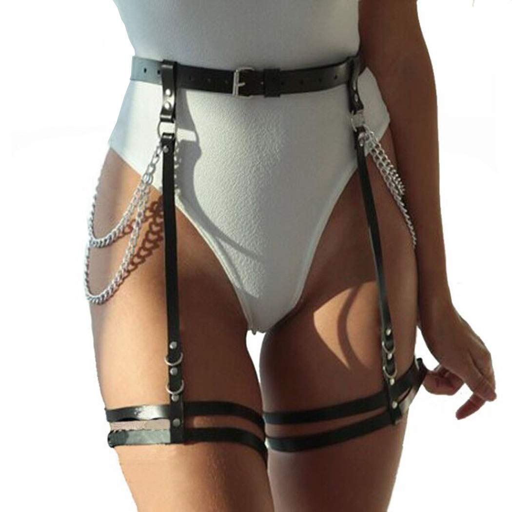 Sexy Punk Body Chain - Black Leather Leg & Waist Harness for Women - Gothic Rave Party Accessories - Perfect for Nightclubs, Music Festivals and BDSM Fashion (Style 2)