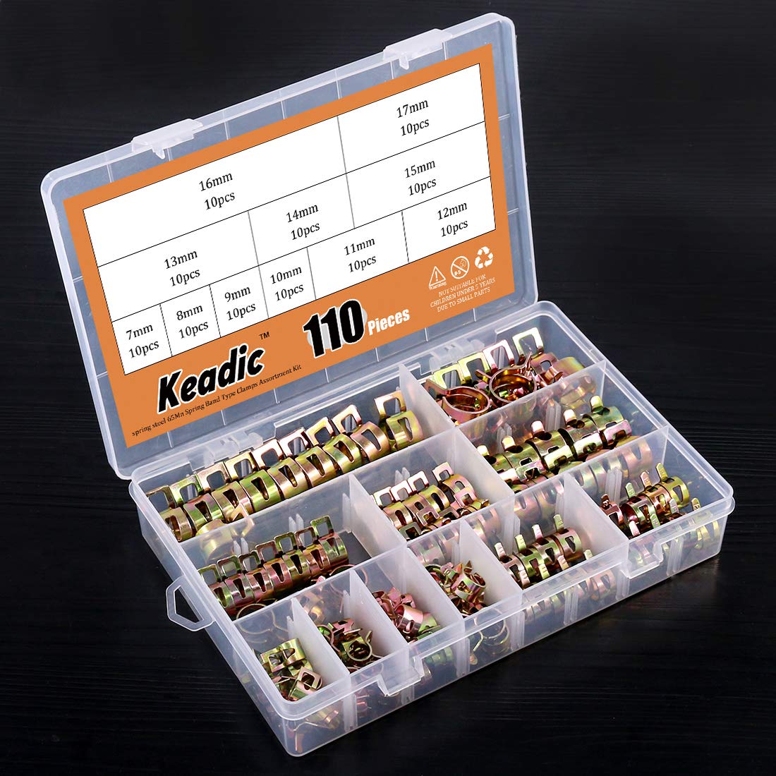 Keadic KSHC-110 110-Piece Spring Hose Clamp Assortment Kit (7mm-17mm, 11 Sizes) - Stainless Steel Vacuum Hose Clamps for Fuel, Silicone, Air & Water Pipes - Ideal for Automotive, Plumbing & DIY Projects