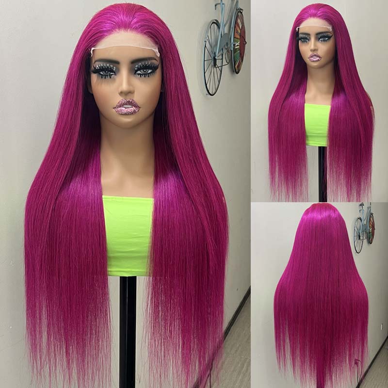Eullair Fuchsia Pink Straight Human Hair Wig - Rose Red Body Wave Lace Frontal Wig for Women (EW001) | Perfect for Cosplay, Parties & Daily Wear