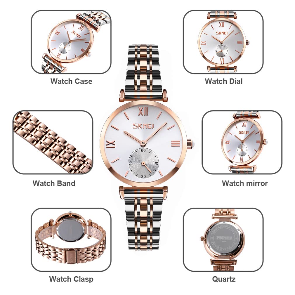 SKMEI Women's Luxury Stainless Steel Dress Watch - Classic Analog Quartz Waterproof Wristwatch for Business & Formal Occasions - Elegant Gold & Silver Design - Perfect Gift for Wife, Girlfriend & Ladies - Ideal for Office, Parties & Everyday Wear