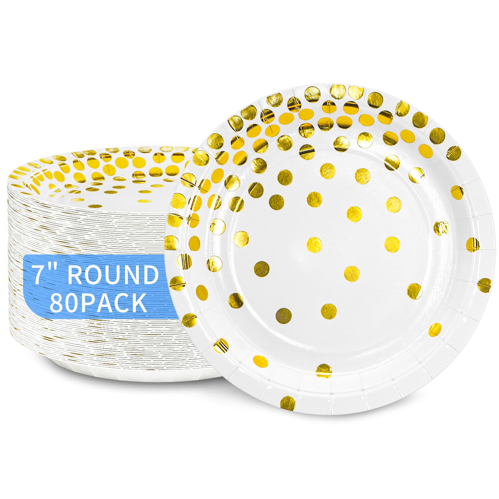 DYLIVeS 80 Count White and Gold 7 Inch Disposable Paper Plates - Elegant Metallic Foil Polka Dot Design for Desserts, Cocktails, Birthday Parties, Bridal Showers, Easter & Graduation Celebrations - Perfect for Indoor/Outdoor Events & Holiday Gatherings